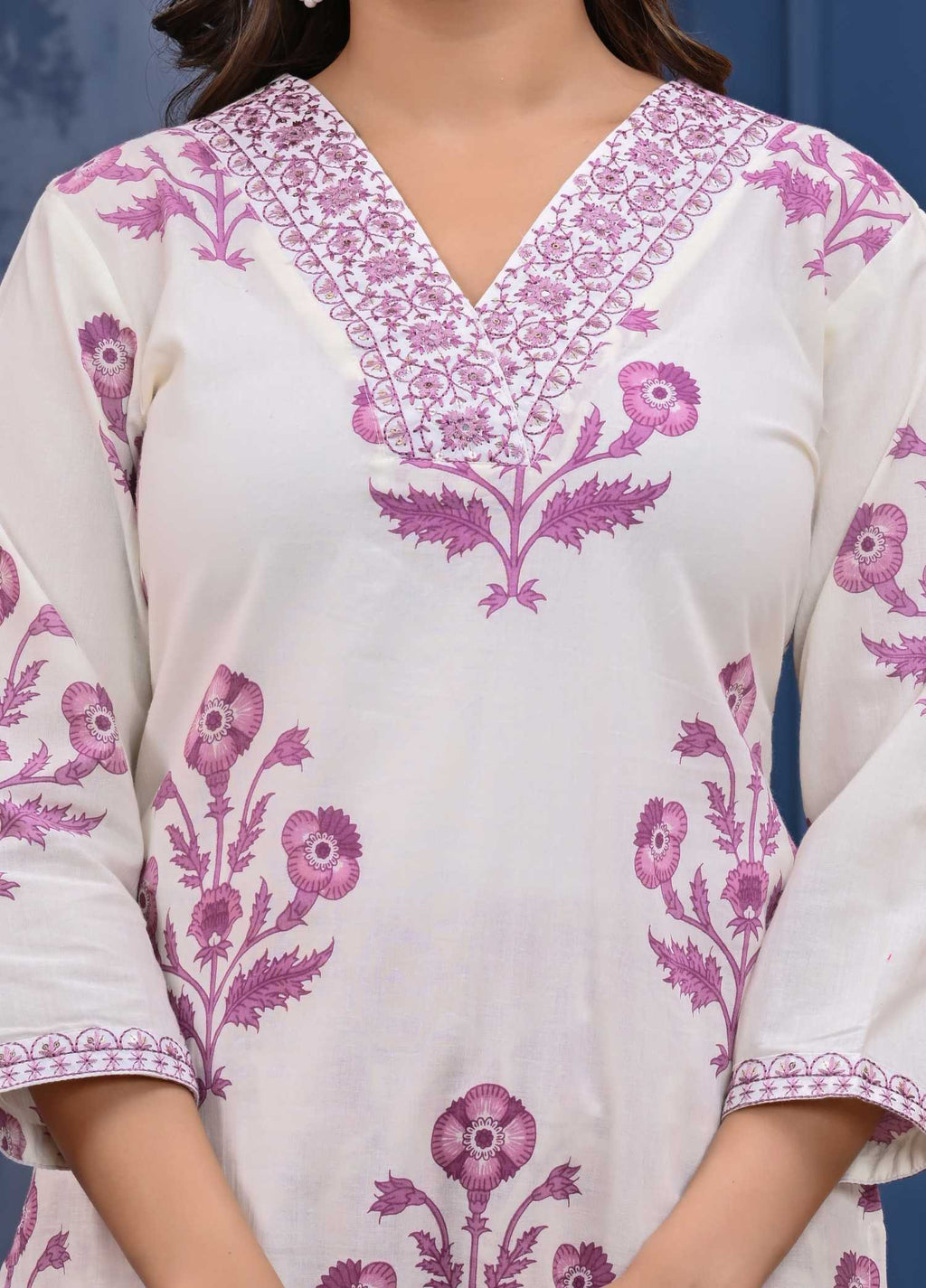 Women  Purple Cotton Printed & Hand Work Straight Kurta Bottom & Dupatta Set