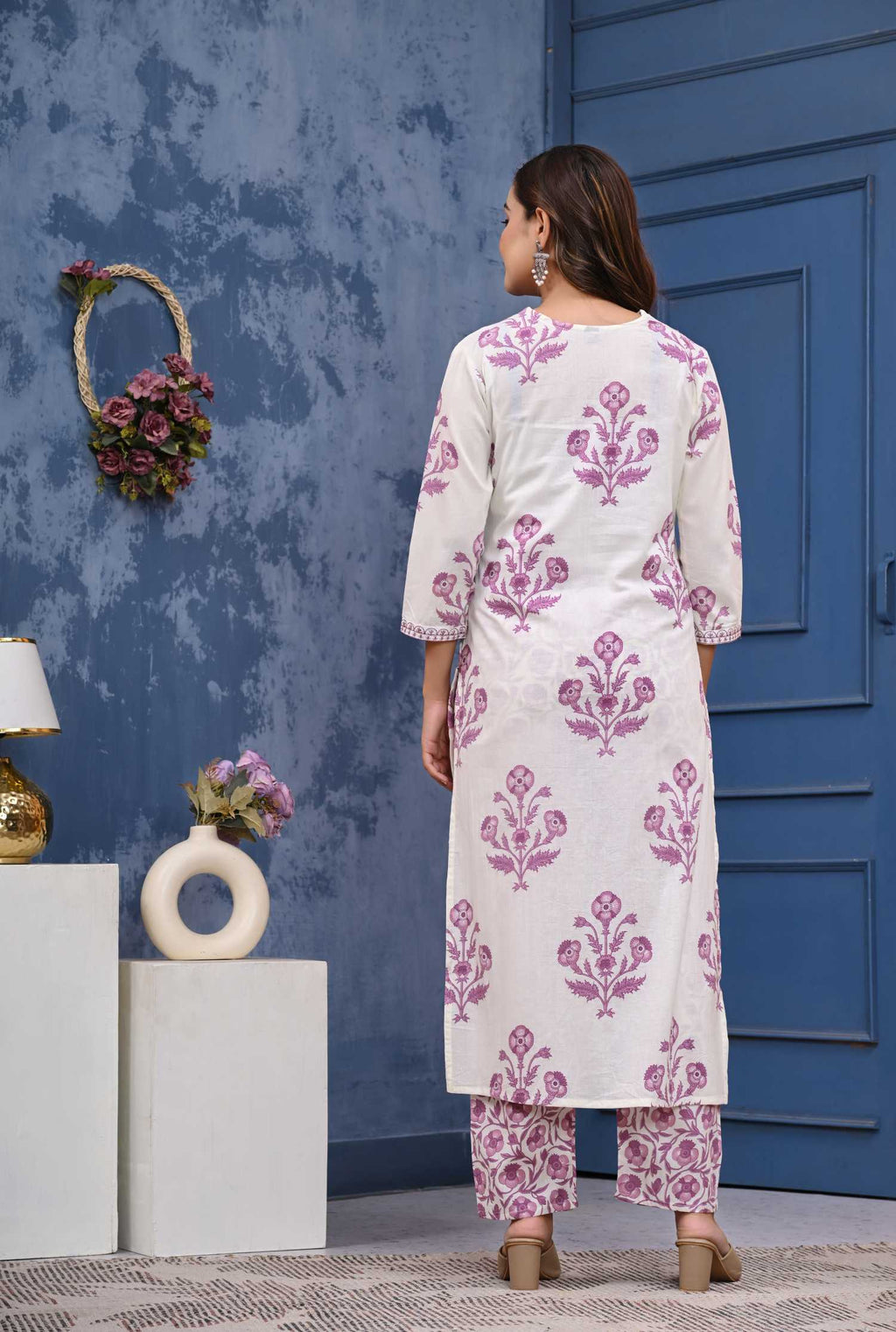 Women  Purple Cotton Printed & Hand Work Straight Kurta Bottom & Dupatta Set