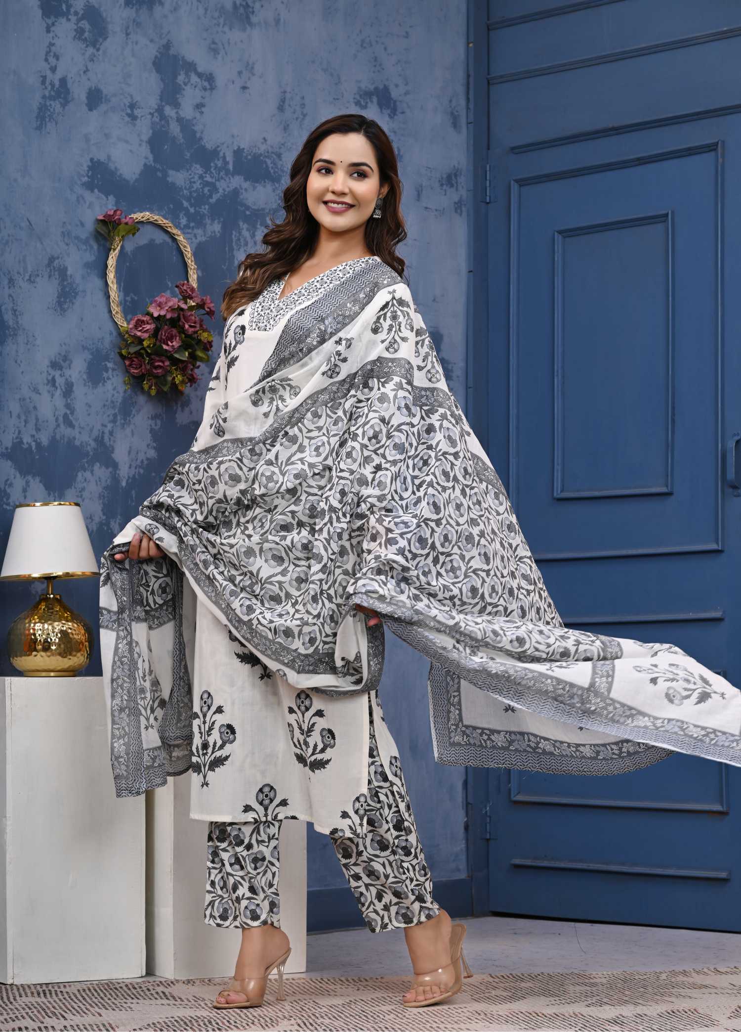 Women Grey Cotton Printed & Hand Work Straight Kurta Bottom & Dupatta Set