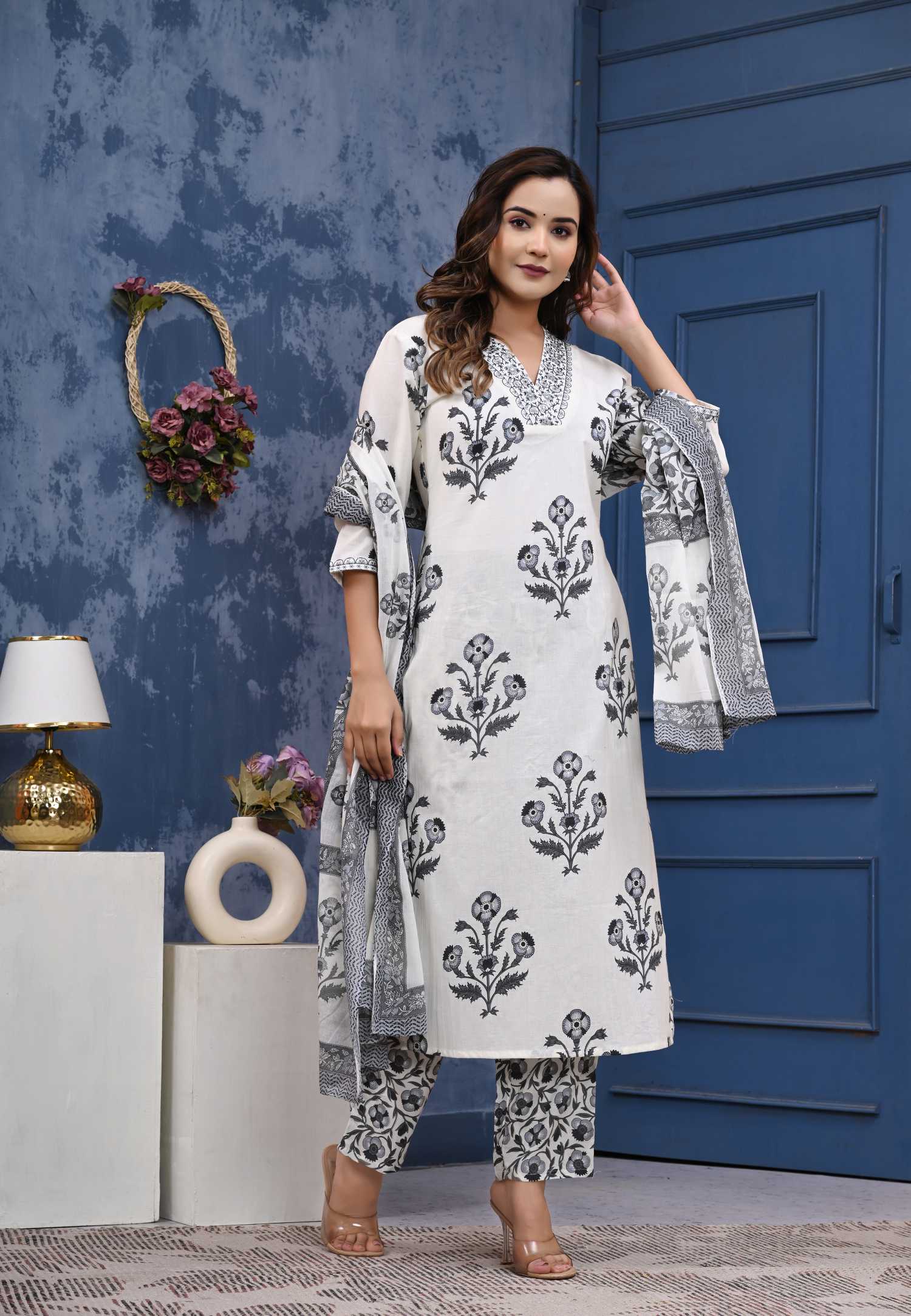 Women Grey Cotton Printed & Hand Work Straight Kurta Bottom & Dupatta Set