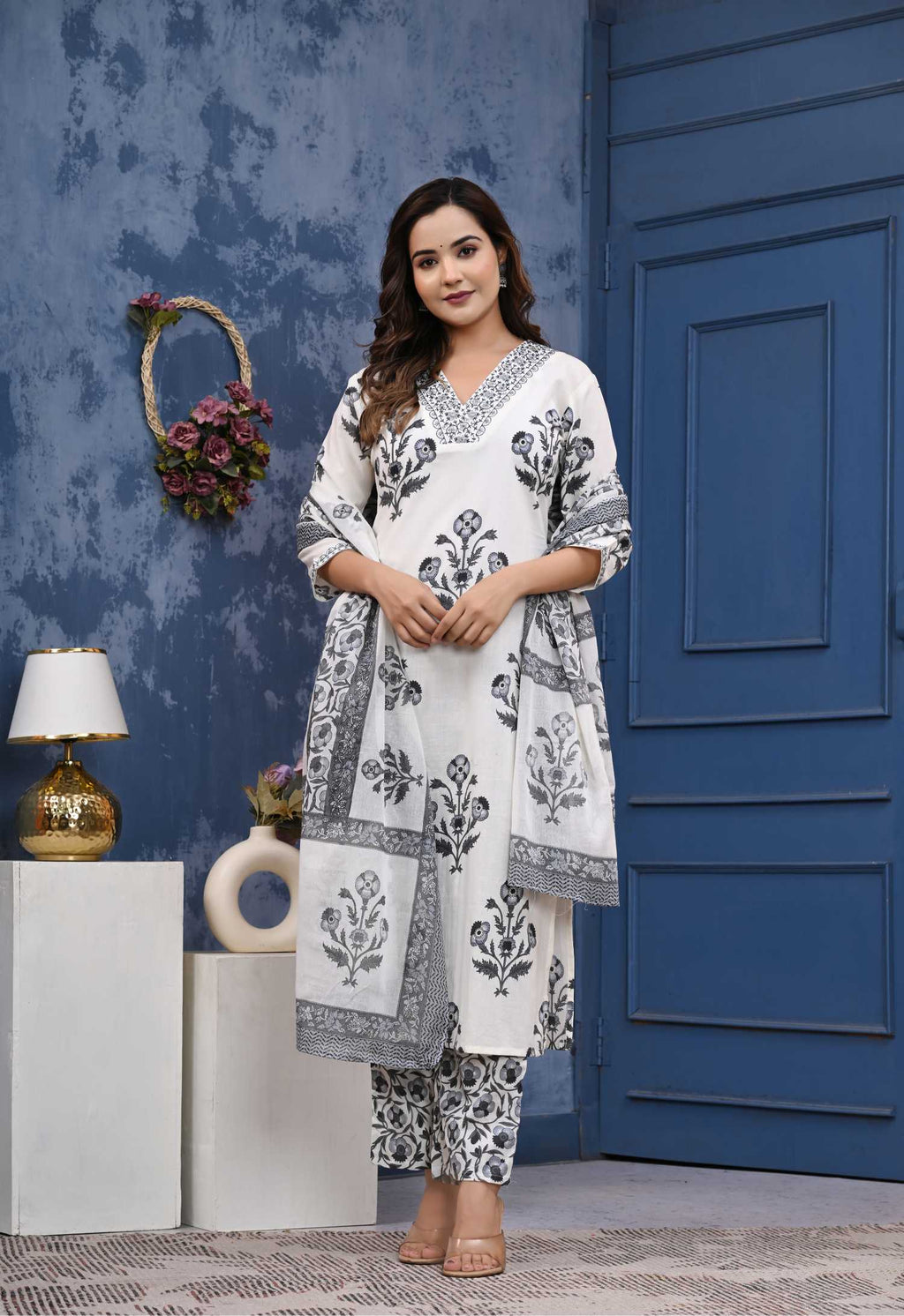 Women Grey Cotton Printed & Hand Work Straight Kurta Bottom & Dupatta Set