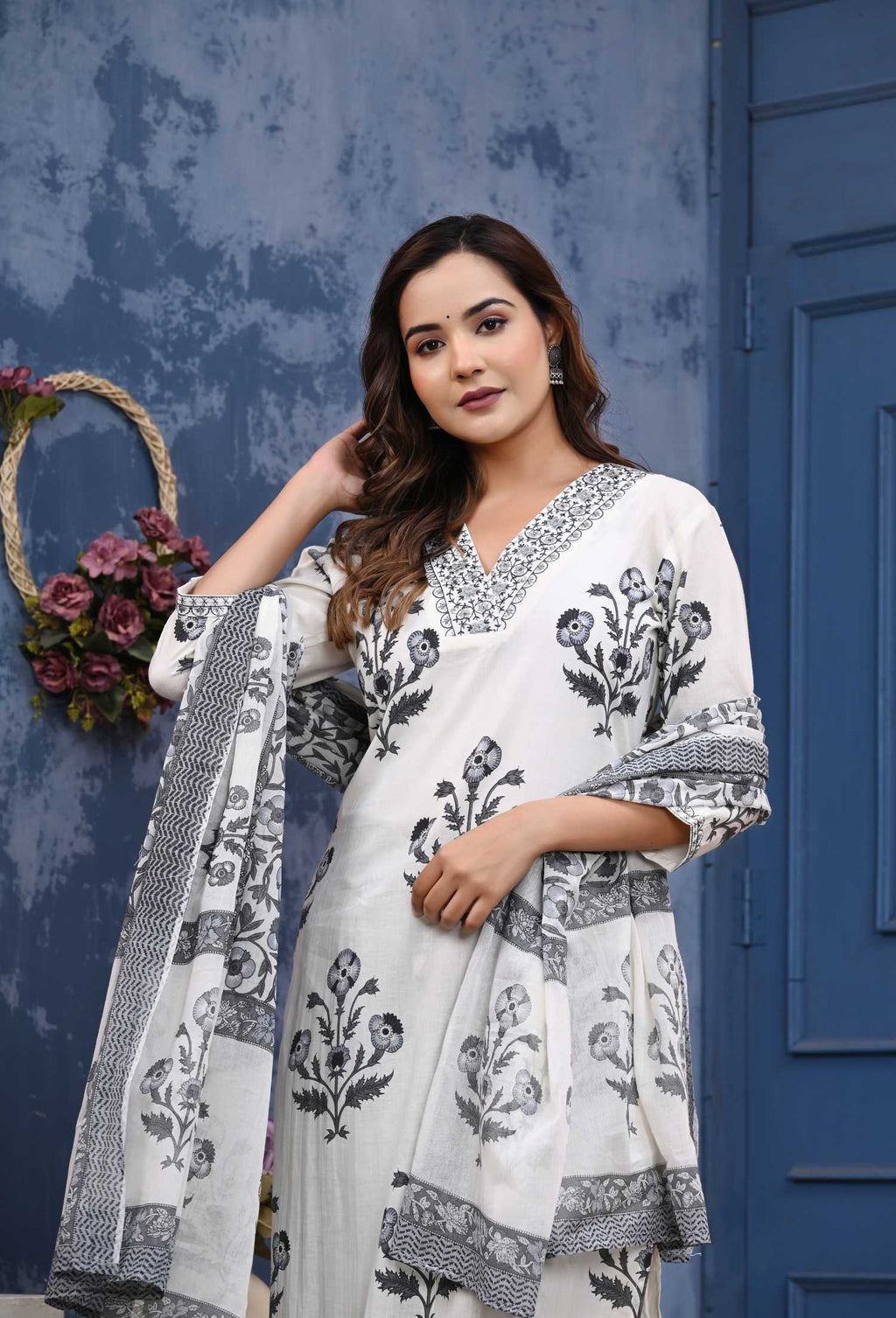 Women Grey Cotton Printed & Hand Work Straight Kurta Bottom & Dupatta Set