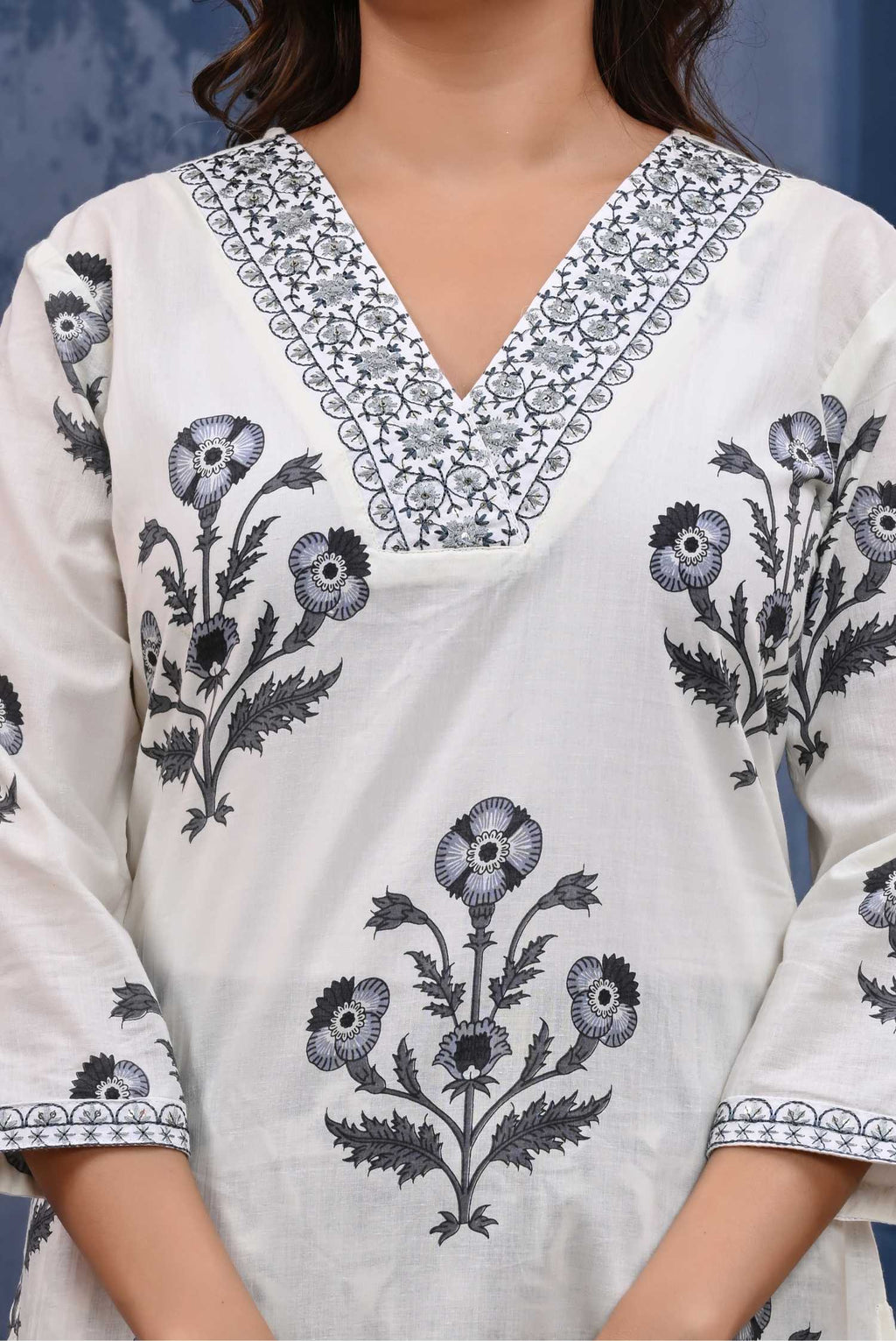 Women Grey Cotton Printed & Hand Work Straight Kurta Bottom & Dupatta Set