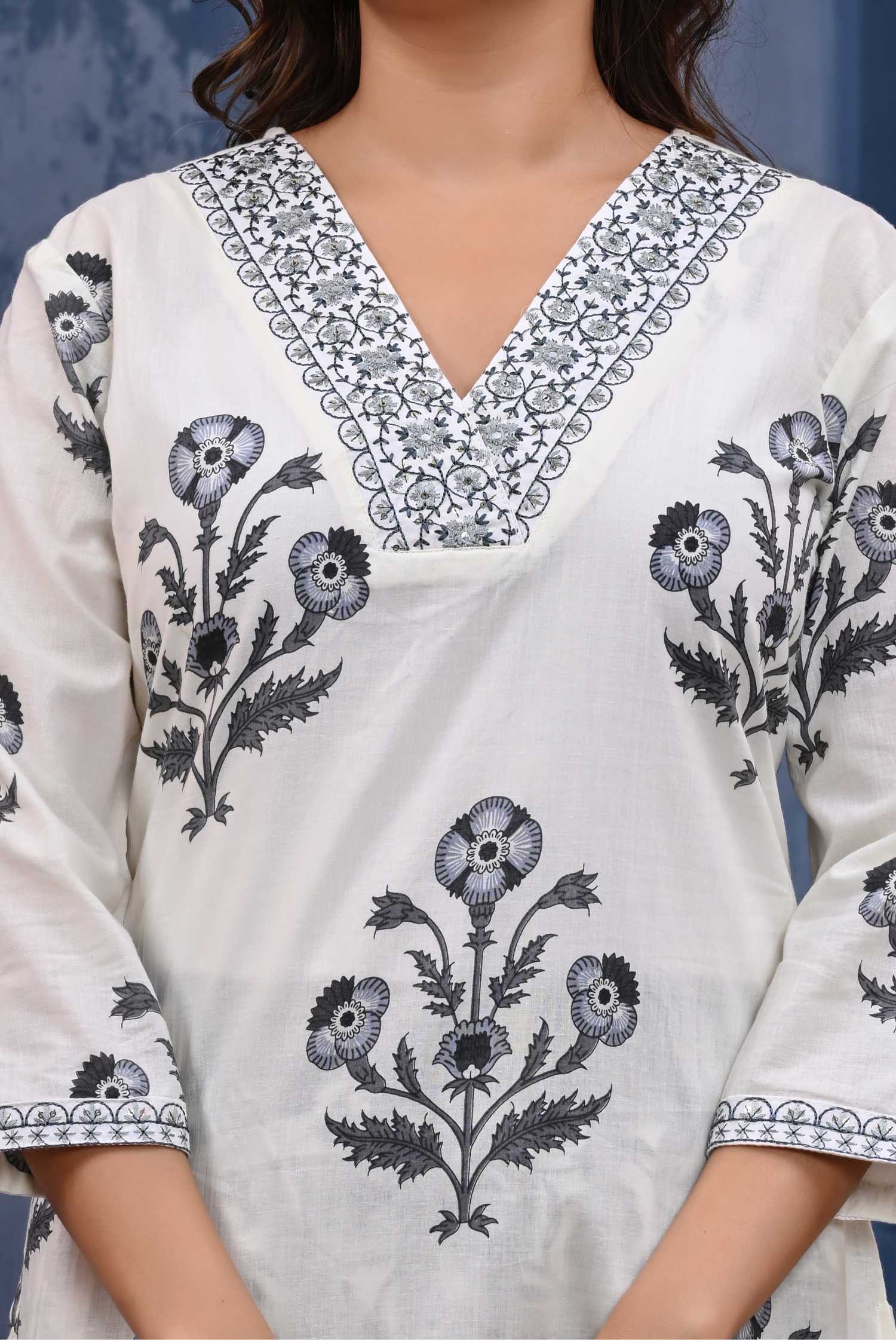 Women Grey Cotton Printed & Hand Work Straight Kurta Bottom & Dupatta Set