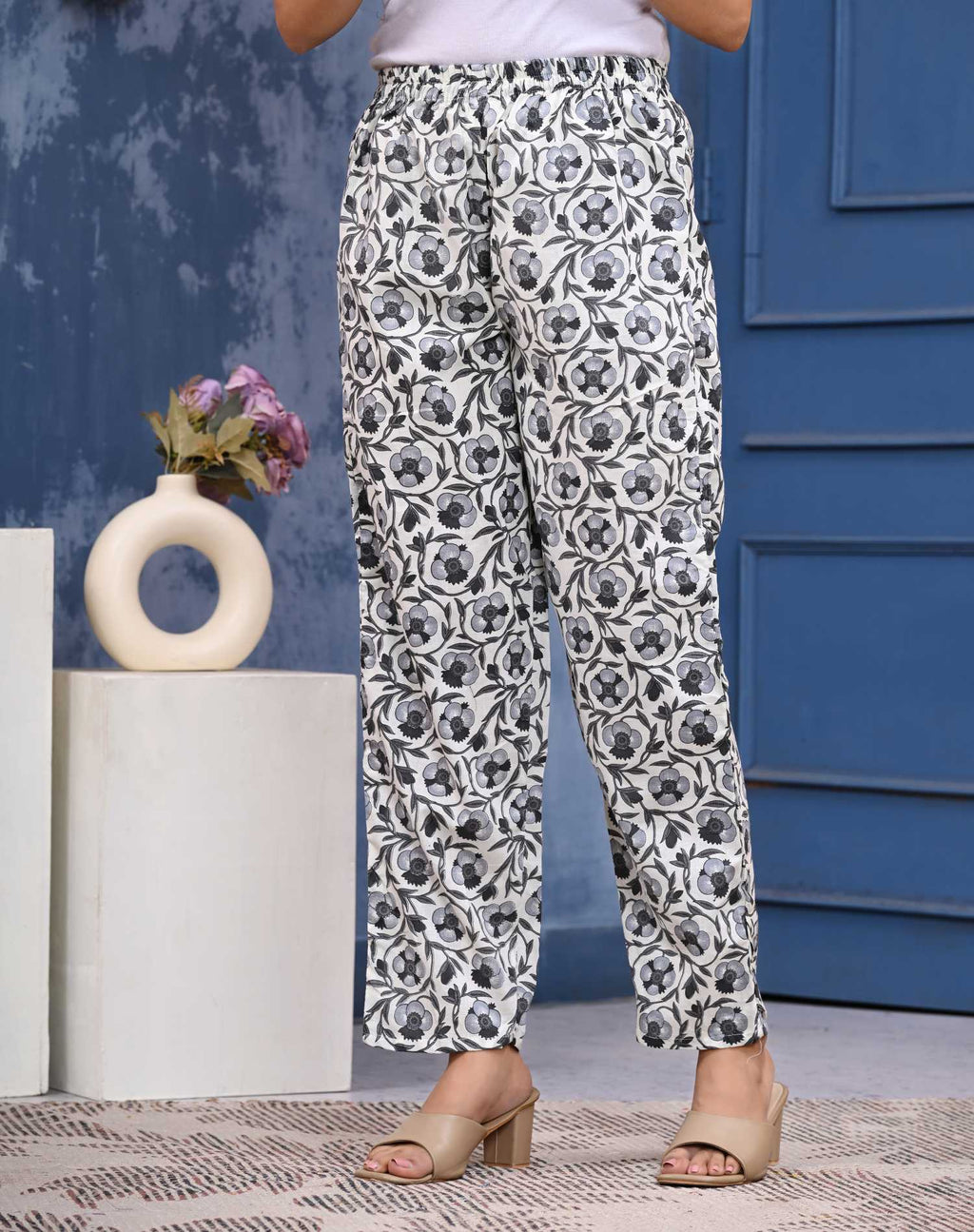 Women Grey Cotton Printed & Hand Work Straight Kurta Bottom & Dupatta Set