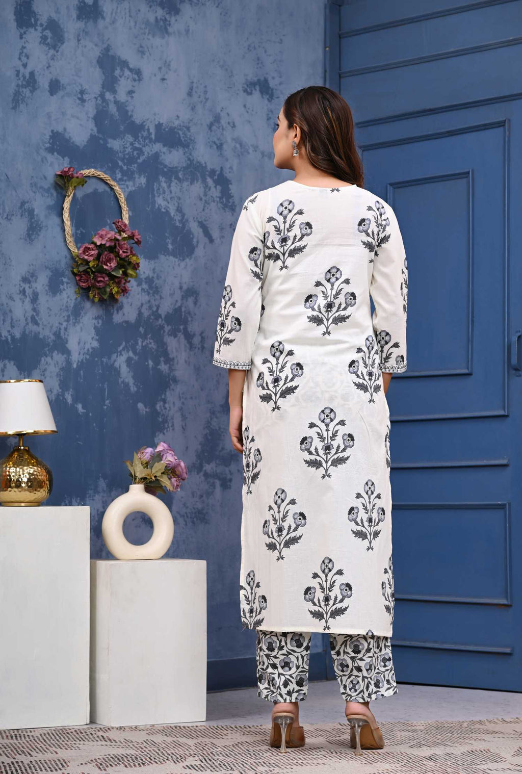 Women Grey Cotton Printed & Hand Work Straight Kurta Bottom & Dupatta Set