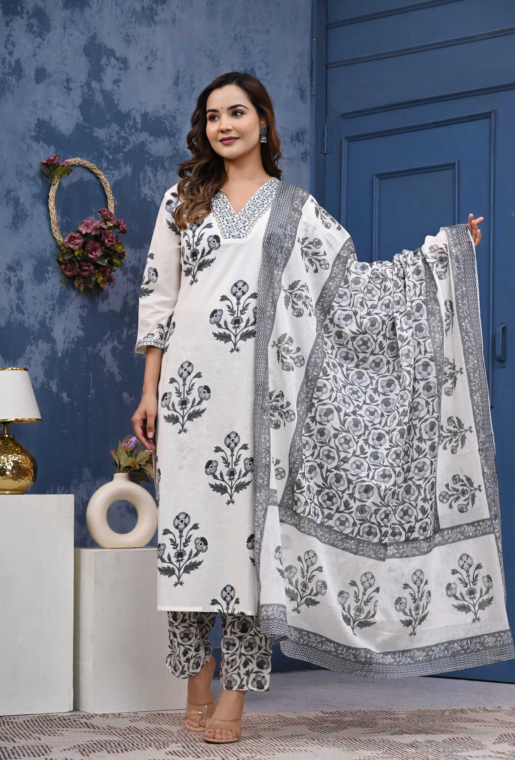 Women Grey Cotton Printed & Hand Work Straight Kurta Bottom & Dupatta Set