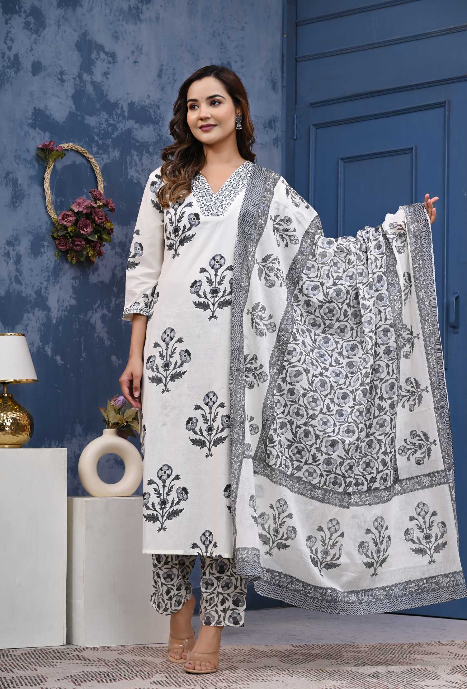 Women Grey Cotton Printed & Hand Work Straight Kurta Bottom & Dupatta Set
