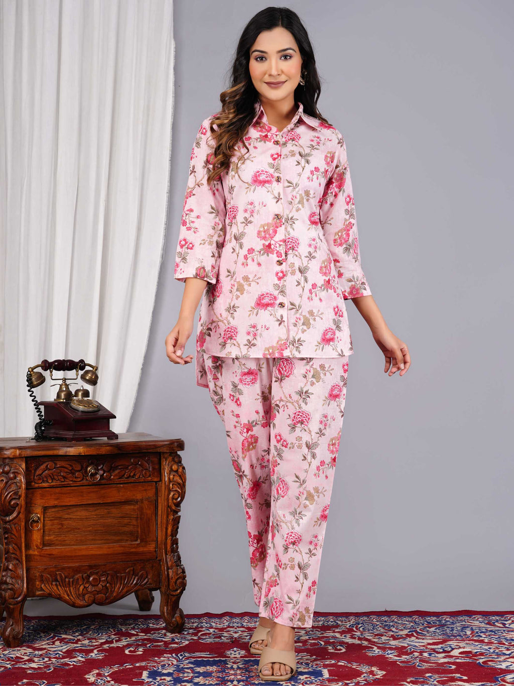 Women Pink Cotton Printed & Hand Work Straight Kurta Bottom Set
