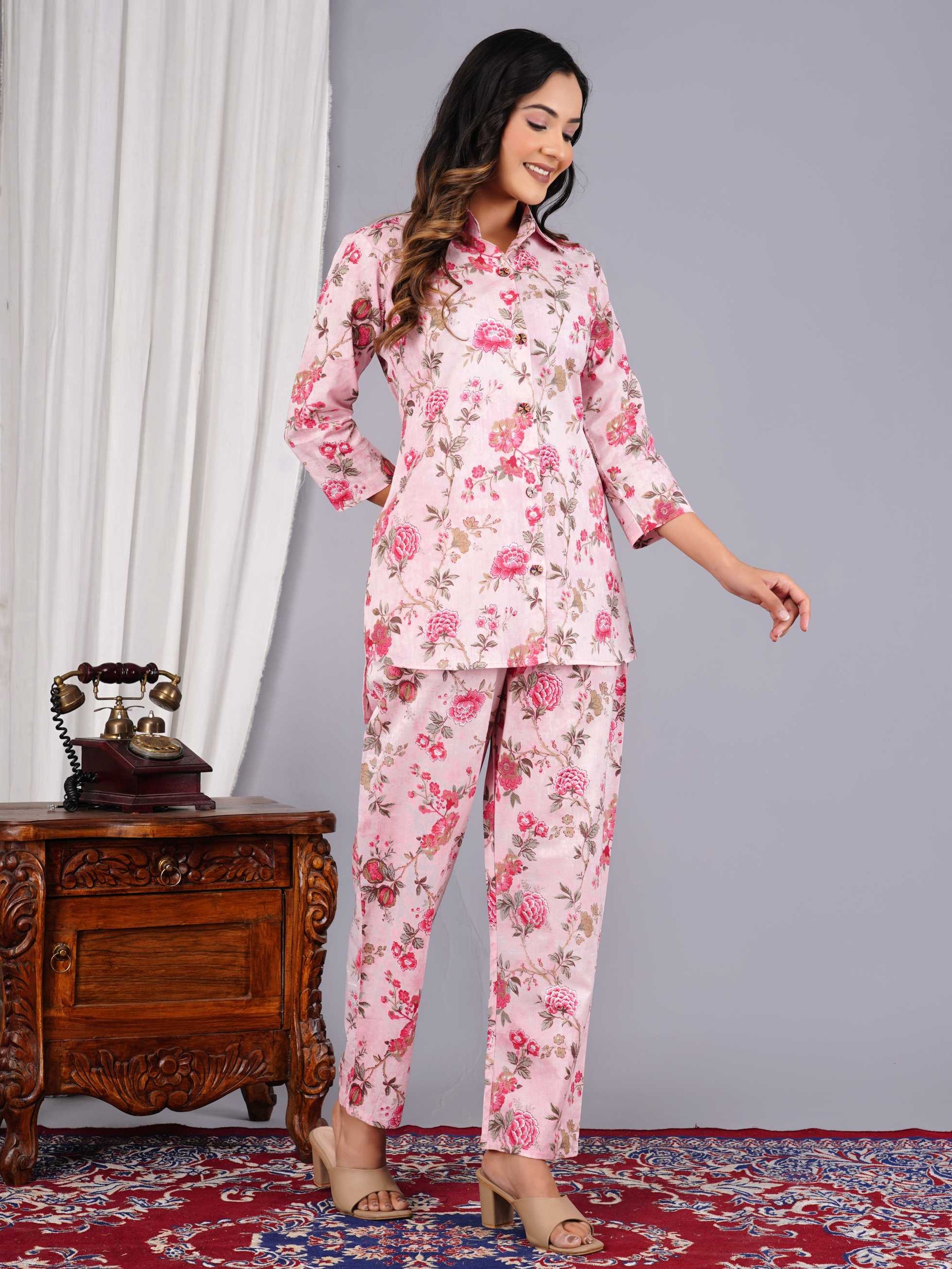 Women Pink Cotton Printed & Hand Work Straight Kurta Bottom Set