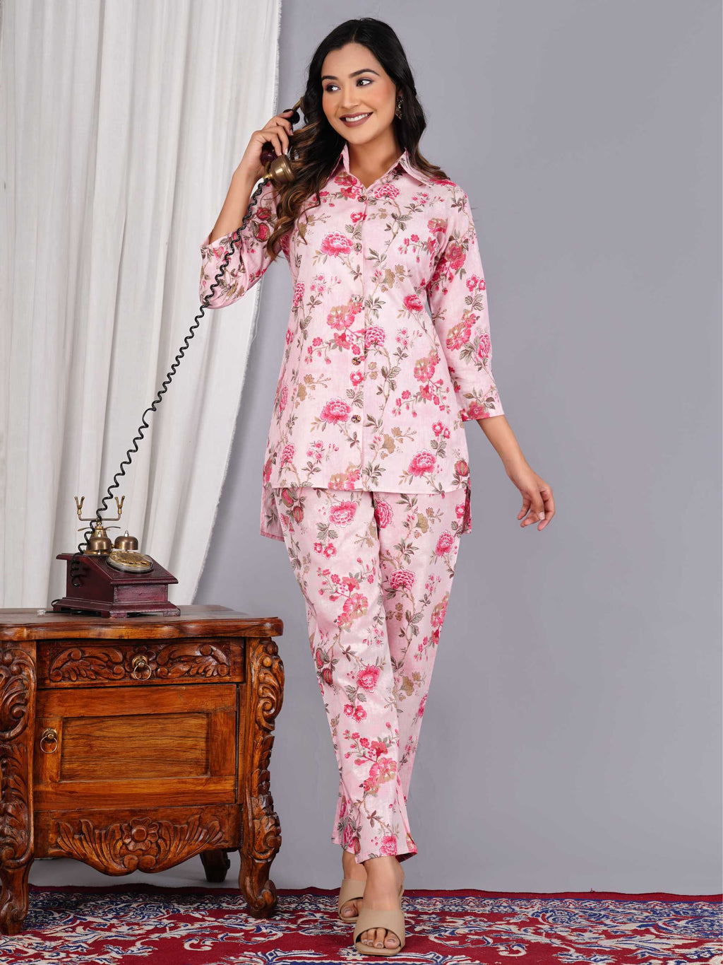 Women Pink Cotton Printed & Hand Work Straight Kurta Bottom Set