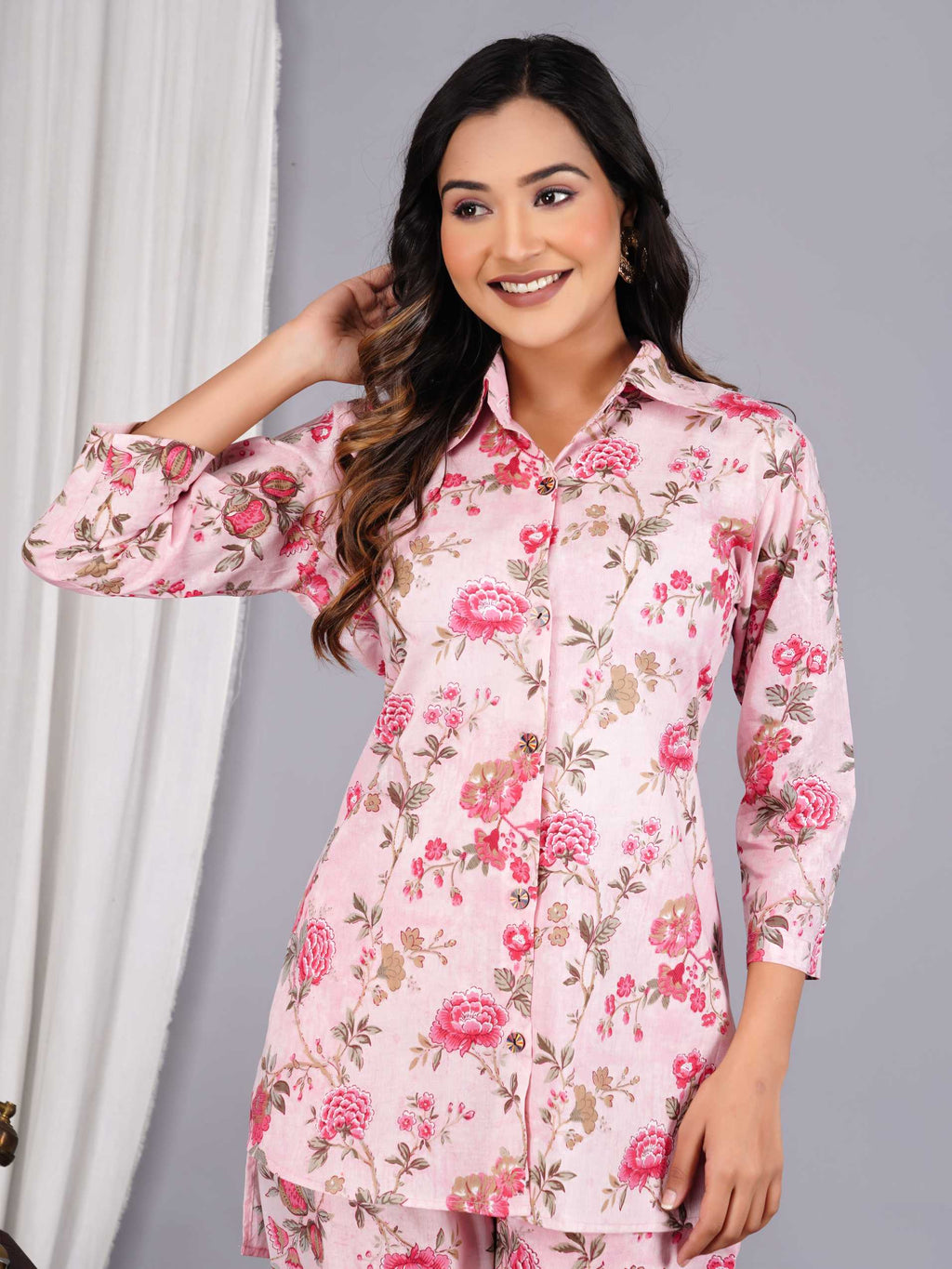 Women Pink Cotton Printed & Hand Work Straight Kurta Bottom Set