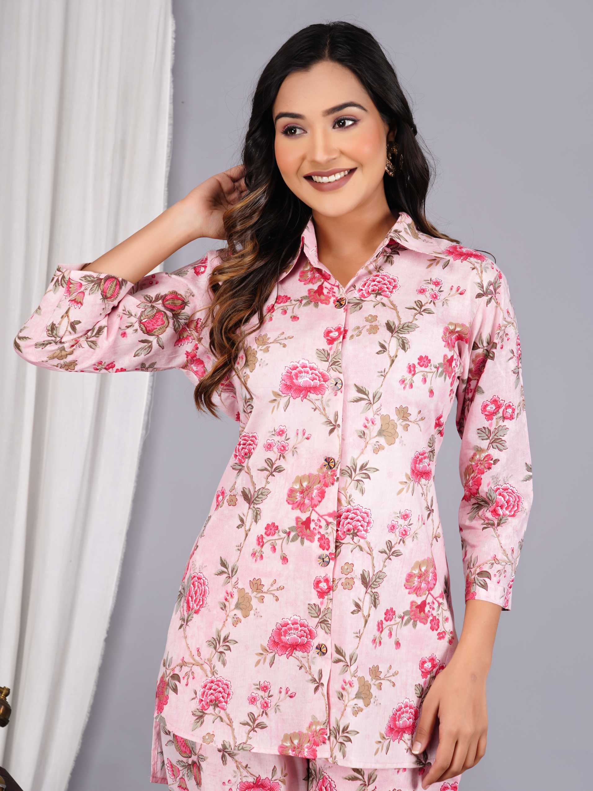 Women Pink Cotton Printed & Hand Work Straight Kurta Bottom Set