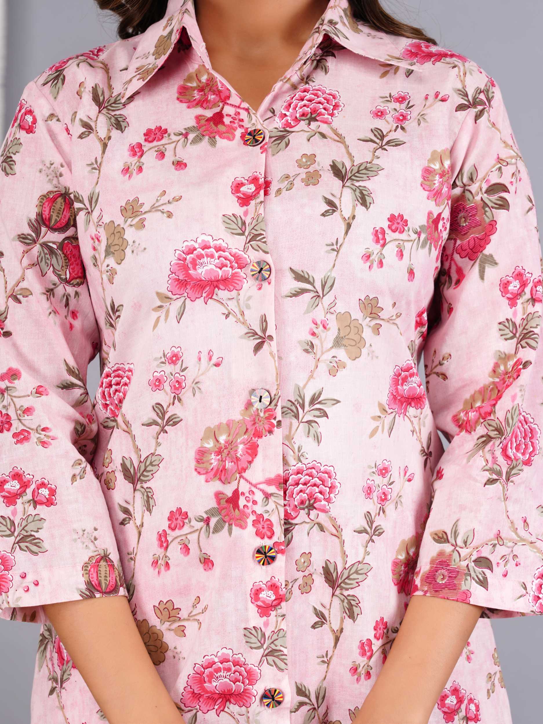 Women Pink Cotton Printed & Hand Work Straight Kurta Bottom Set