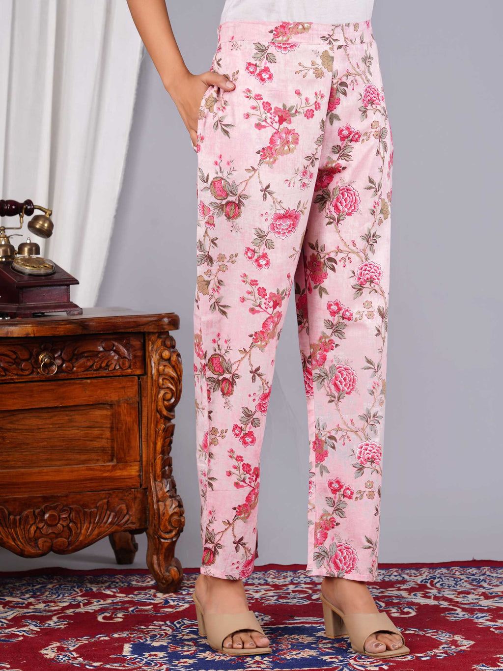 Women Pink Cotton Printed & Hand Work Straight Kurta Bottom Set