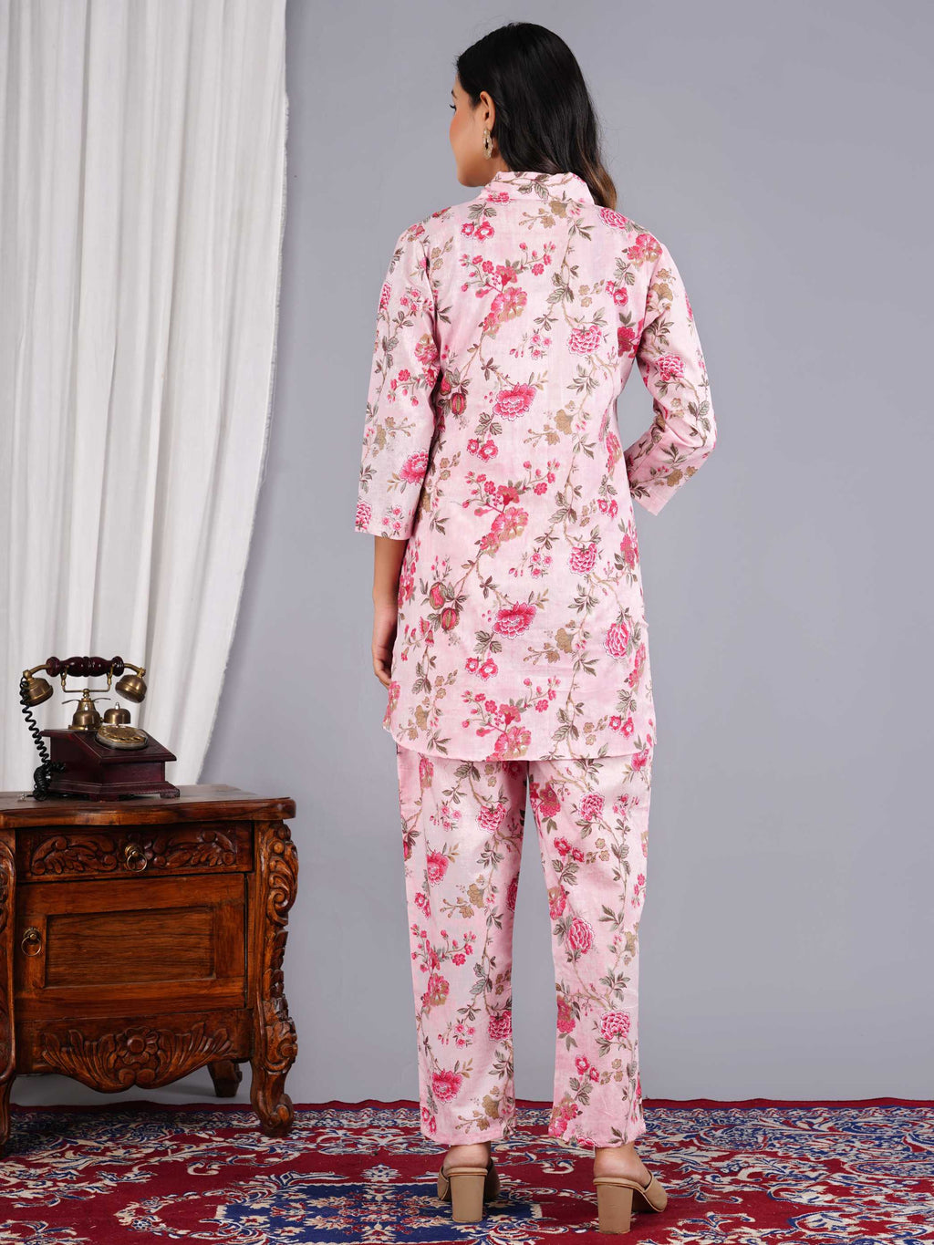 Women Pink Cotton Printed & Hand Work Straight Kurta Bottom Set