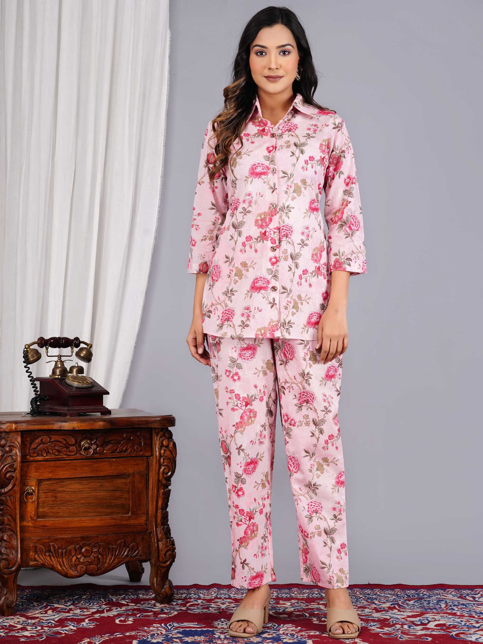 Women Pink Cotton Printed & Hand Work Straight Kurta Bottom Set
