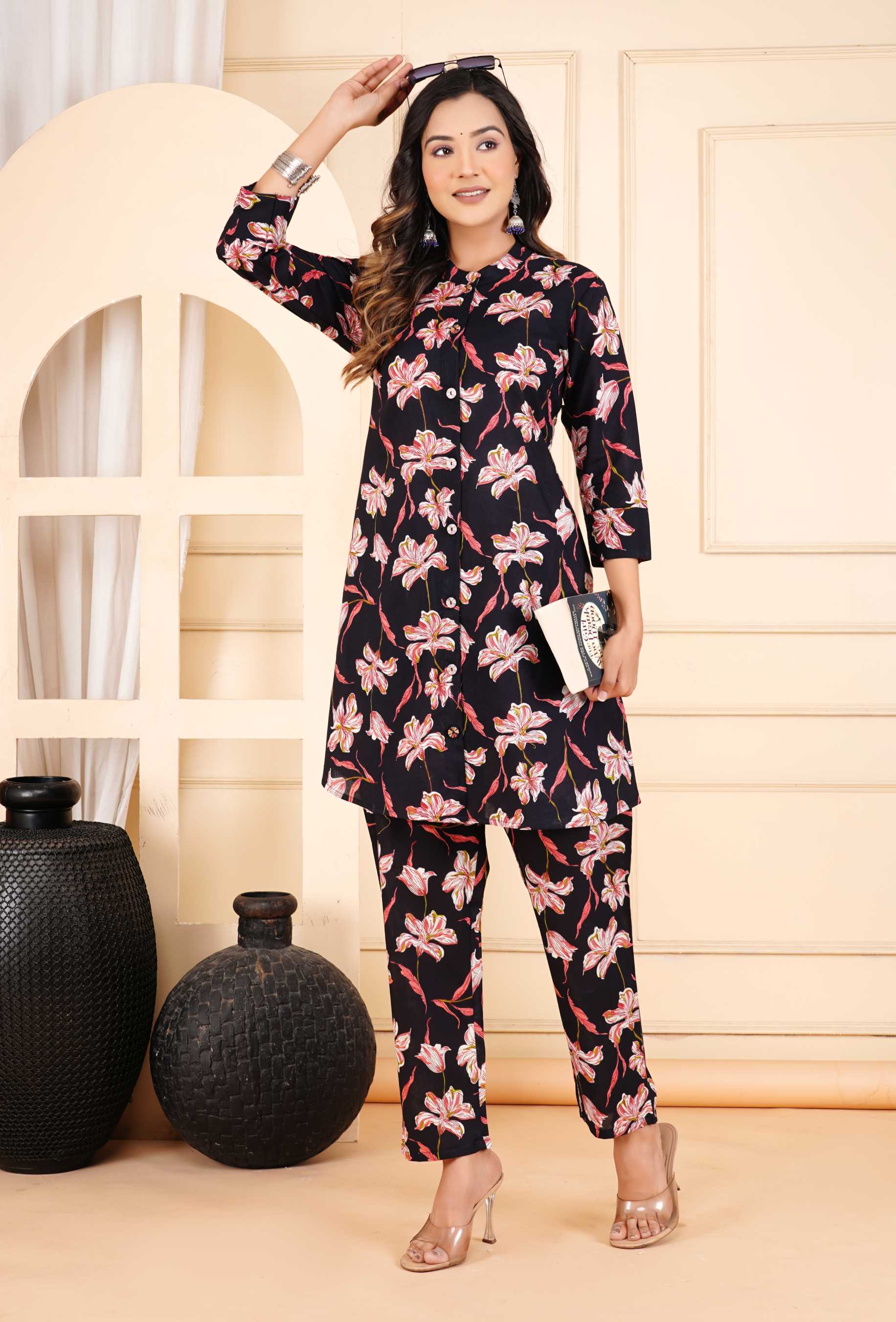 Women Black Cotton Printed & Hand Work Straight Kurta Bottom Set