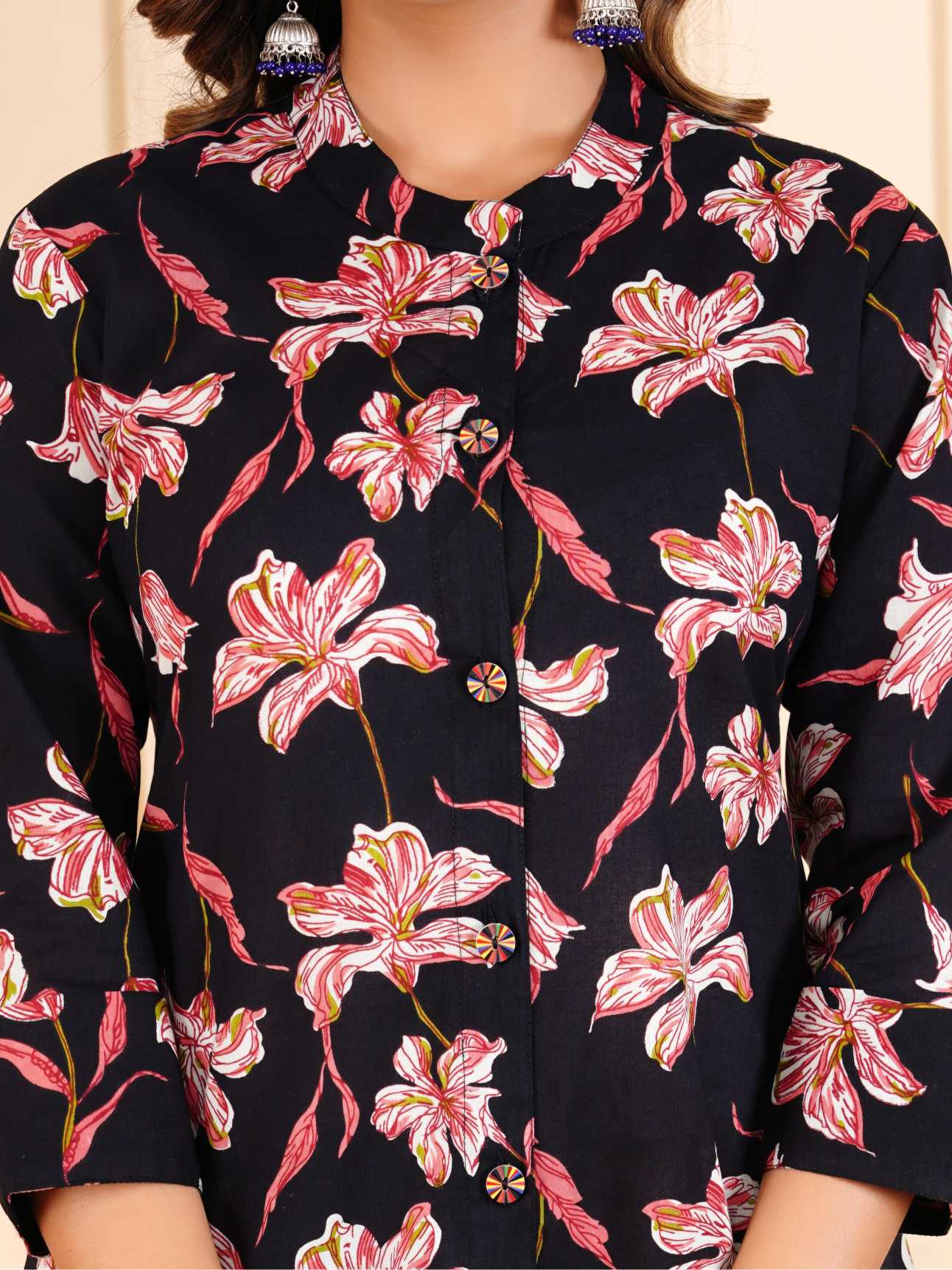 Women Black Cotton Printed & Hand Work Straight Kurta Bottom Set