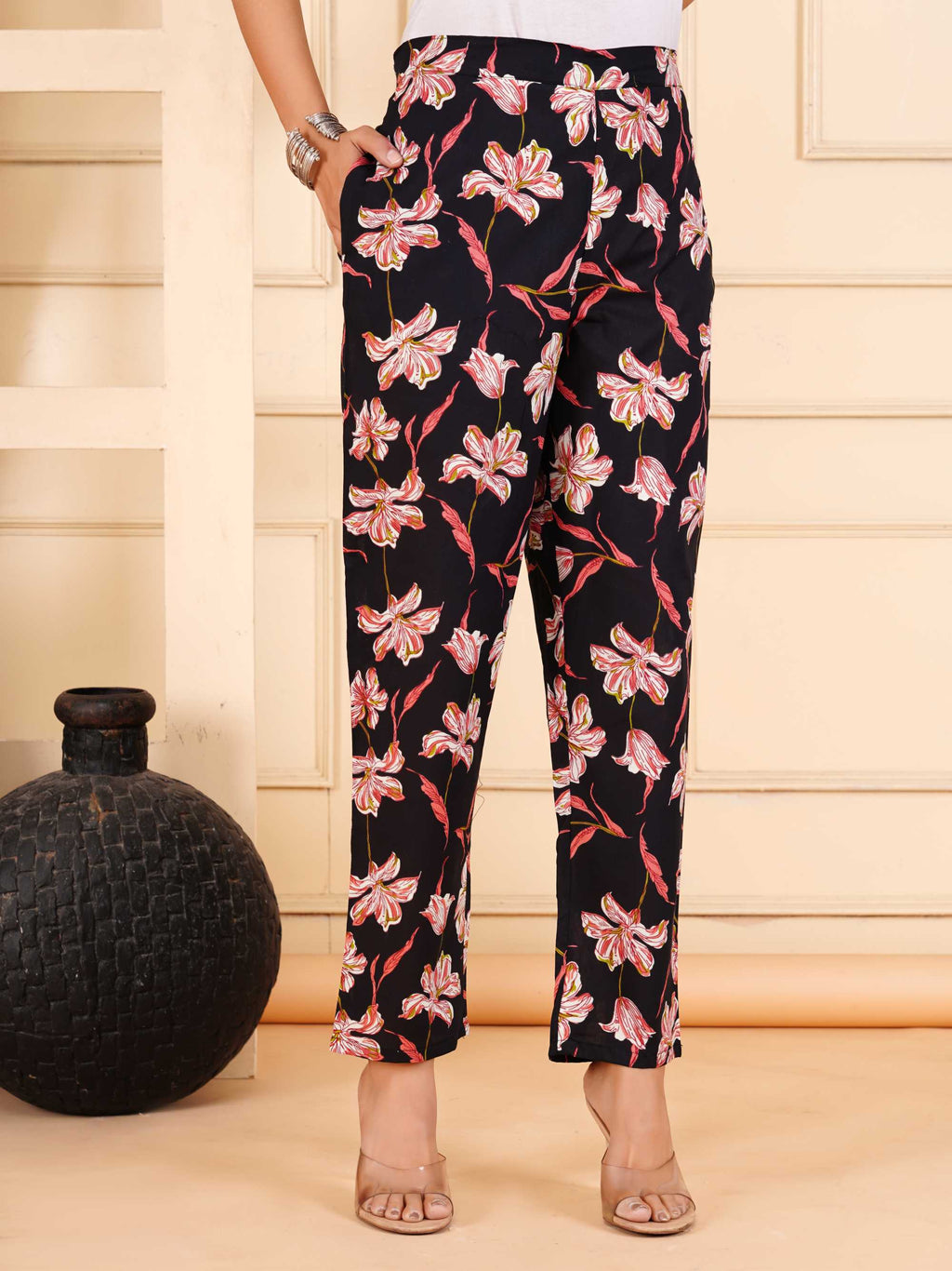 Women Black Cotton Printed & Hand Work Straight Kurta Bottom Set