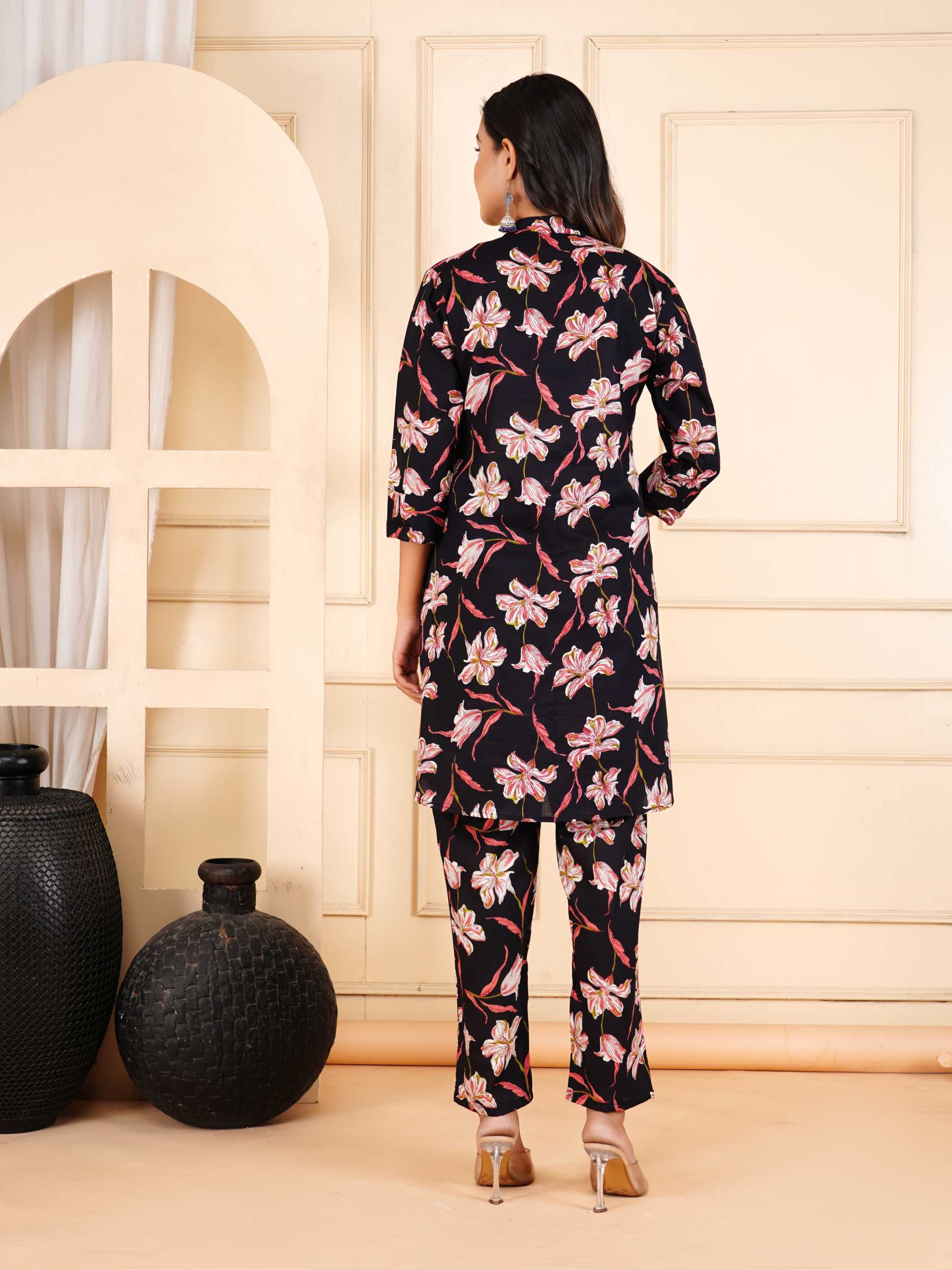 Women Black Cotton Printed & Hand Work Straight Kurta Bottom Set