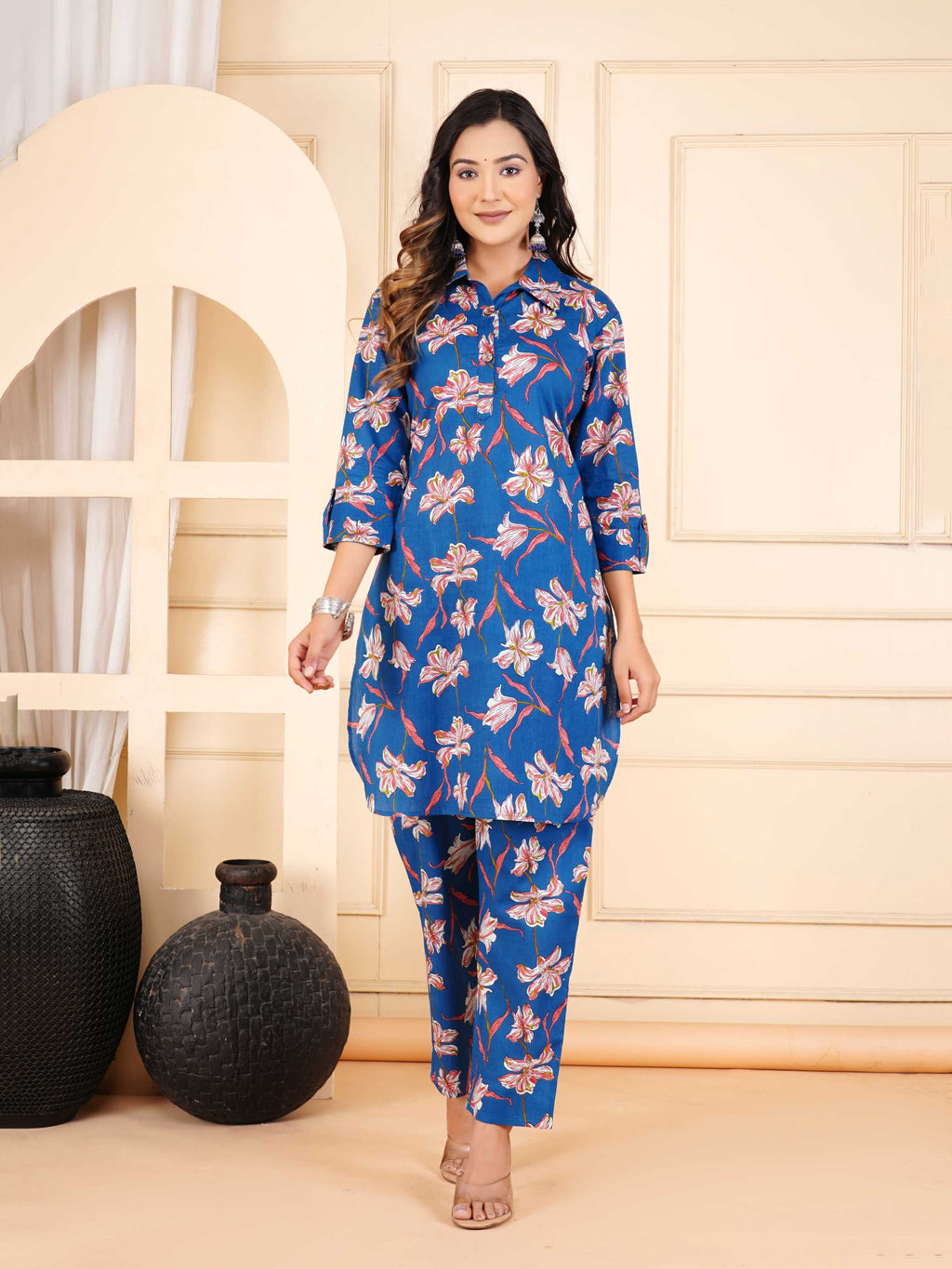 Women Blue Cotton Printed & Hand Work Straight Kurta Bottom Set