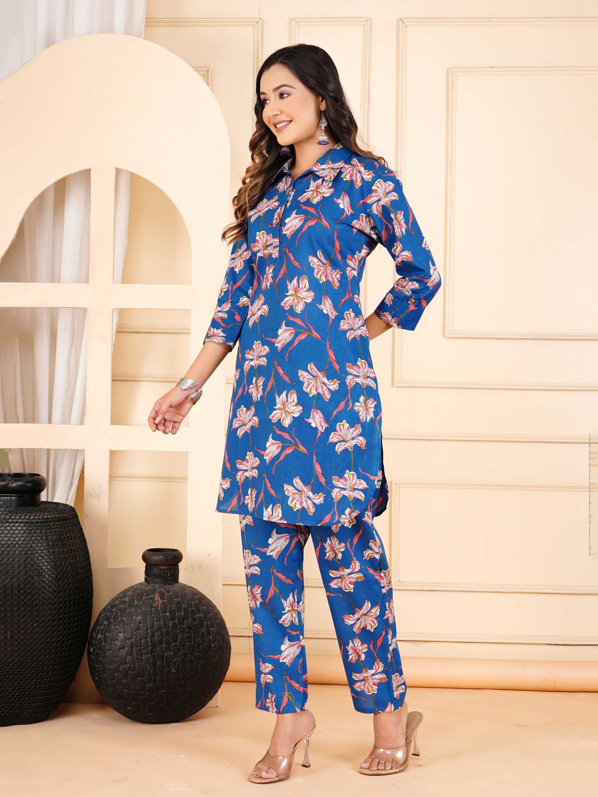 Women Blue Cotton Printed & Hand Work Straight Kurta Bottom Set