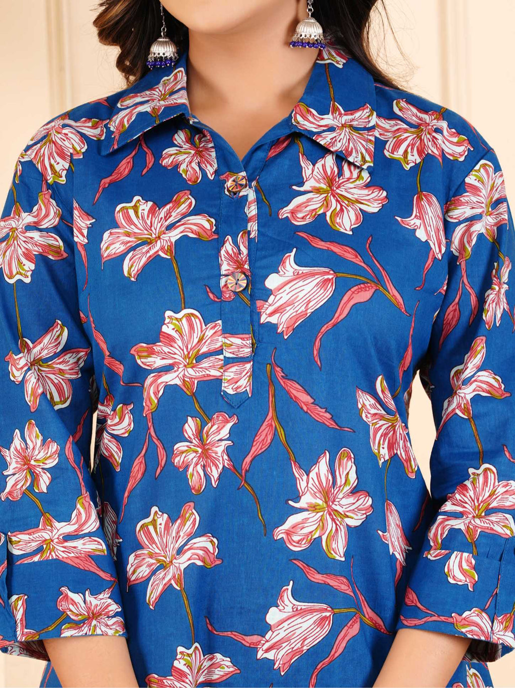 Women Blue Cotton Printed & Hand Work Straight Kurta Bottom Set