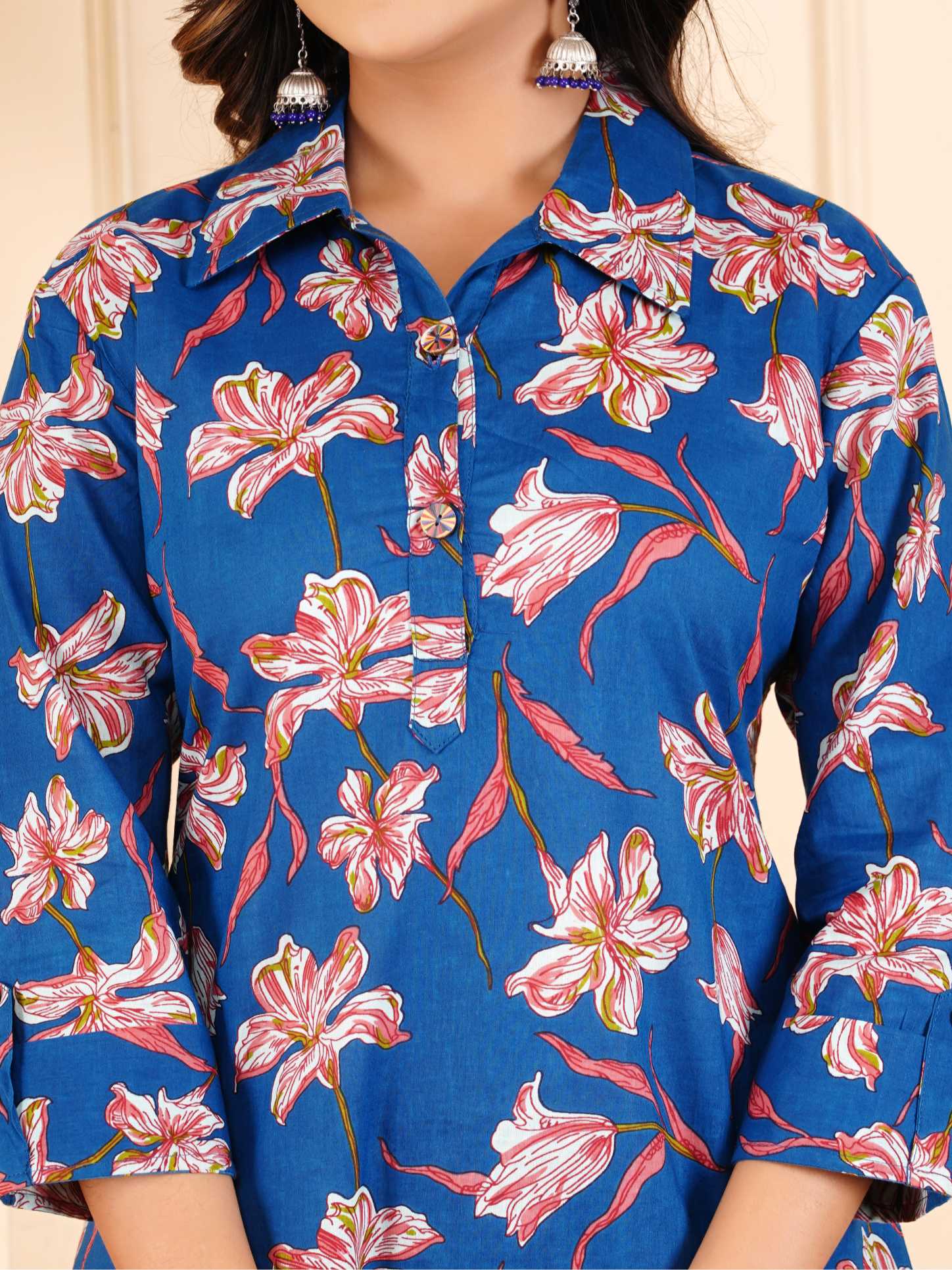 Women Blue Cotton Printed & Hand Work Straight Kurta Bottom Set