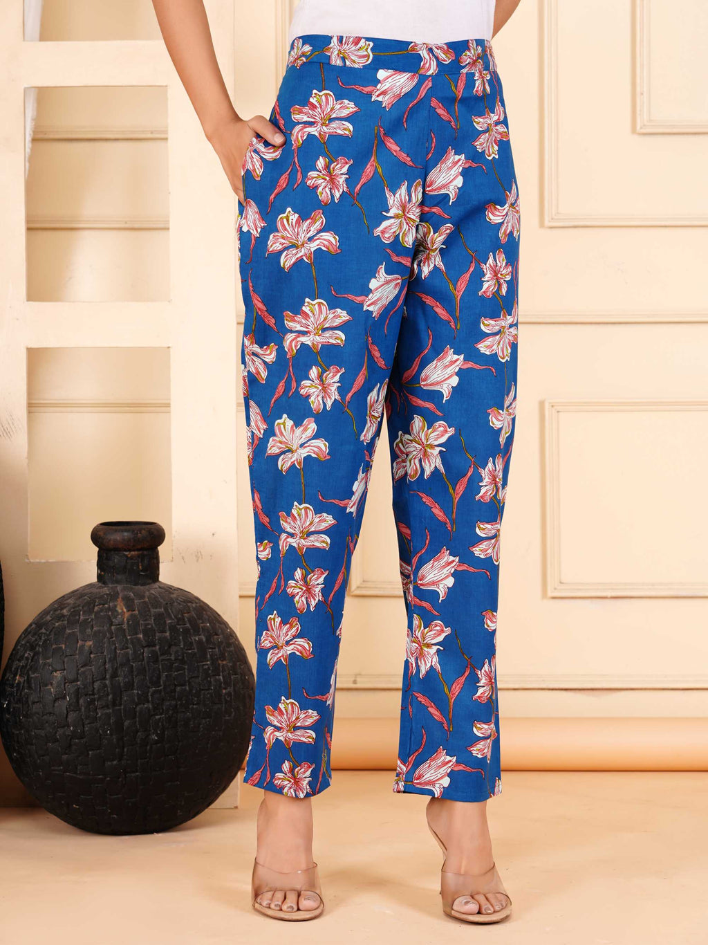 Women Blue Cotton Printed & Hand Work Straight Kurta Bottom Set