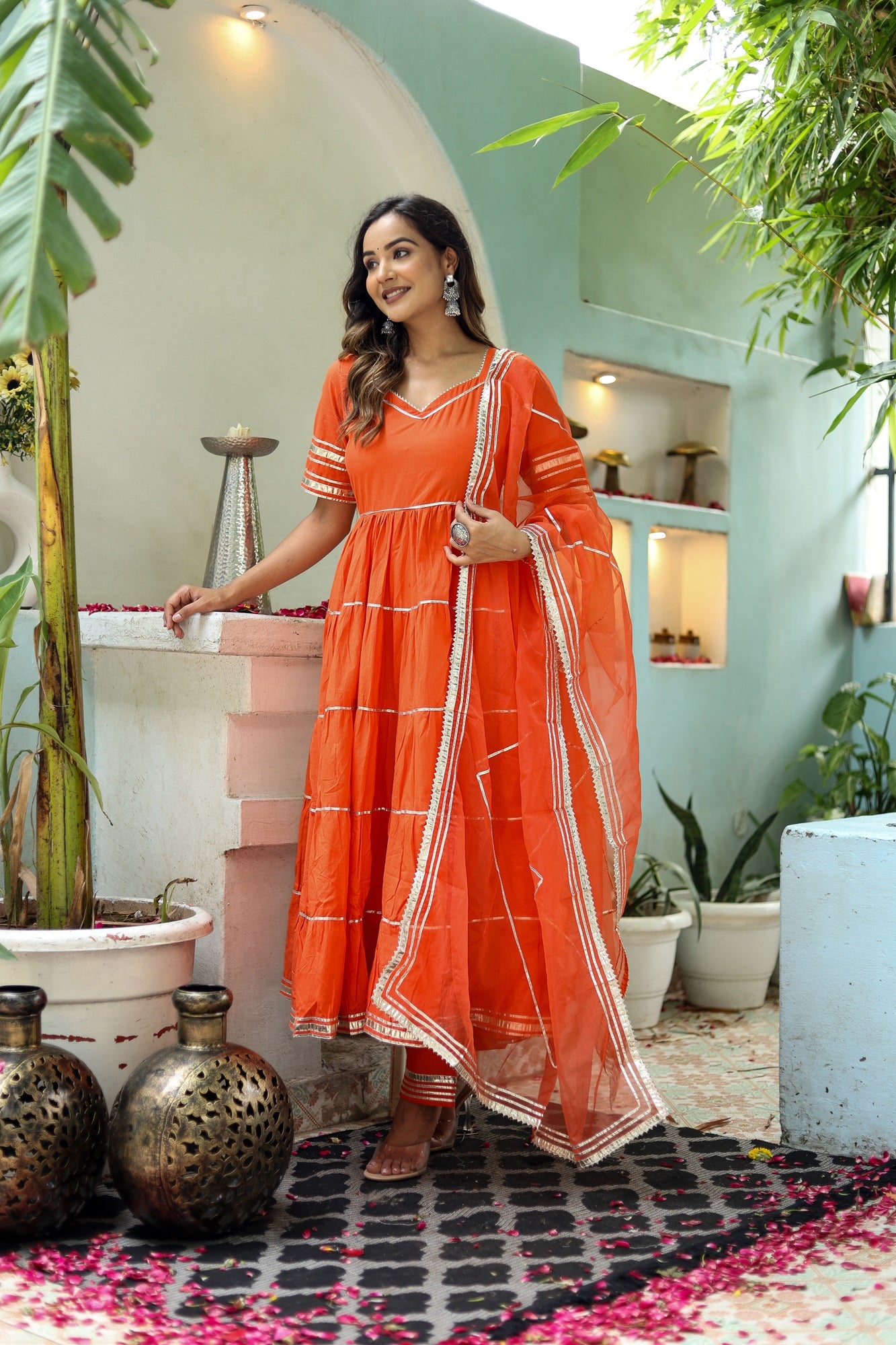 Women Orange Cotton Solid & Gota Patti Work Anarkali Kurta Bottom Dupatta Set