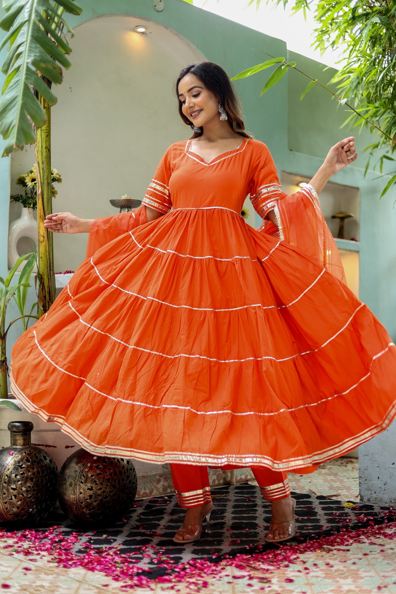 Women Orange Cotton Solid & Gota Patti Work Anarkali Kurta Bottom Dupatta Set