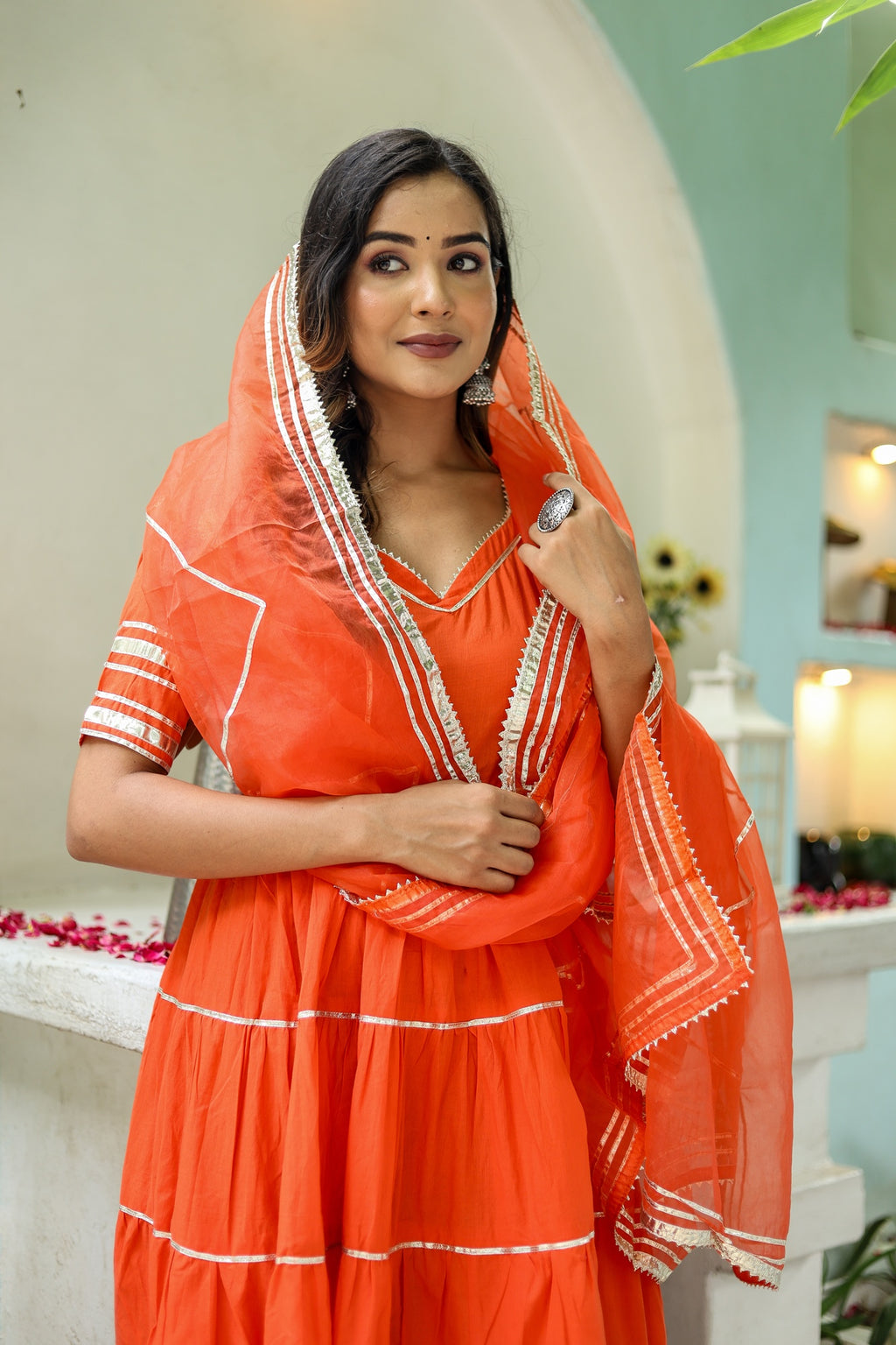 Women Orange Cotton Solid & Gota Patti Work Anarkali Kurta Bottom Dupatta Set