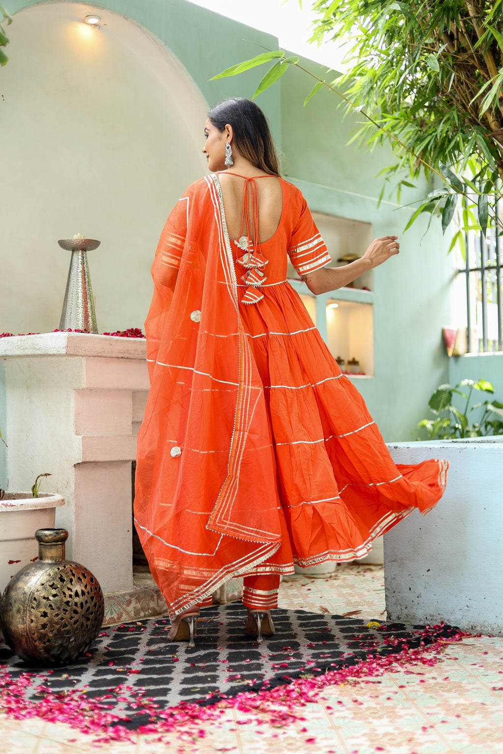 Women Orange Cotton Solid & Gota Patti Work Anarkali Kurta Bottom Dupatta Set