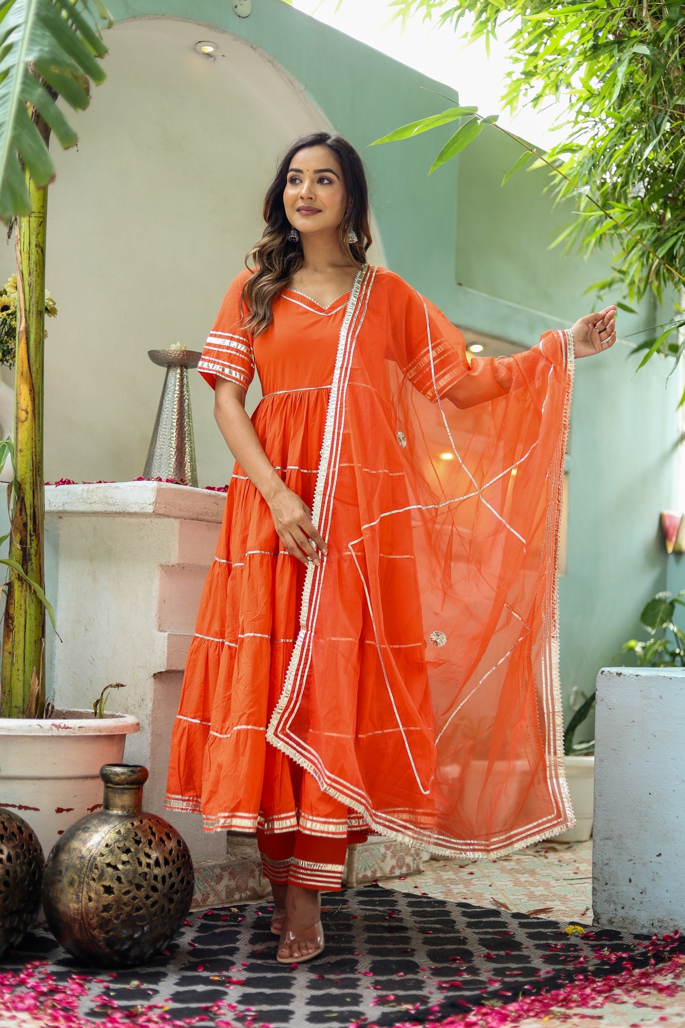 Women Orange Cotton Solid & Gota Patti Work Anarkali Kurta Bottom Dupatta Set