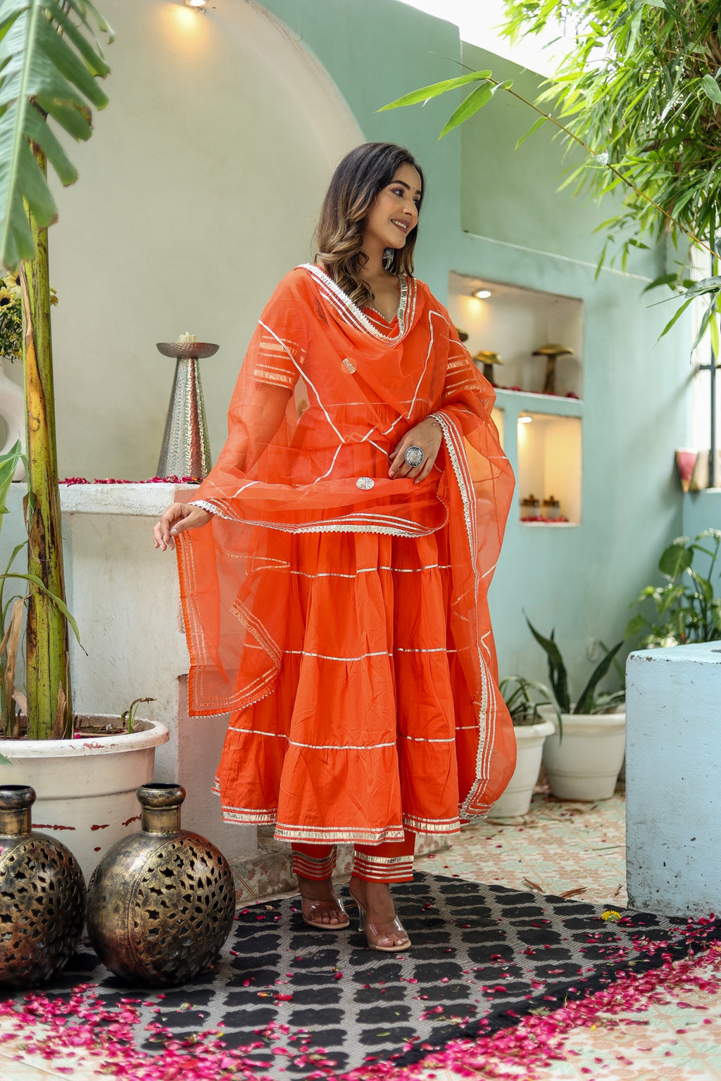 Women Orange Cotton Solid & Gota Patti Work Anarkali Kurta Bottom Dupatta Set