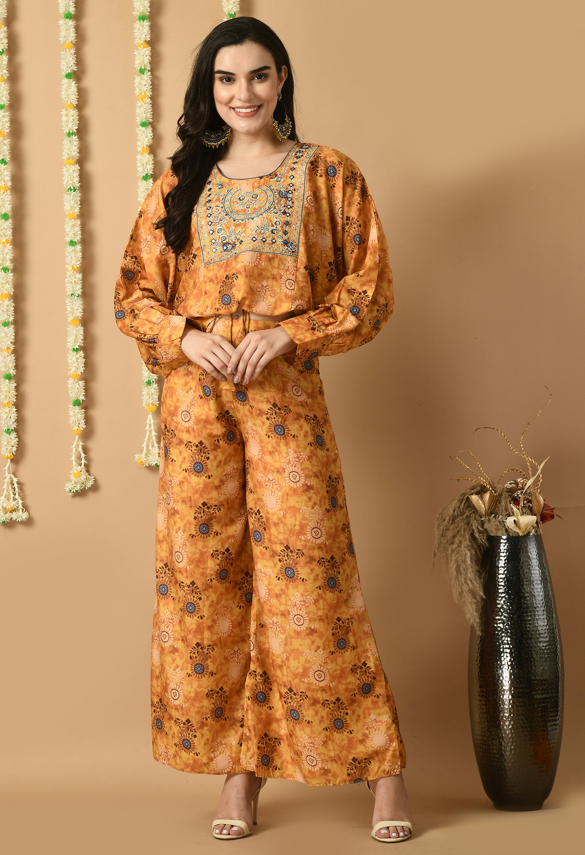 Mustard Maslin Printed Kurta Set