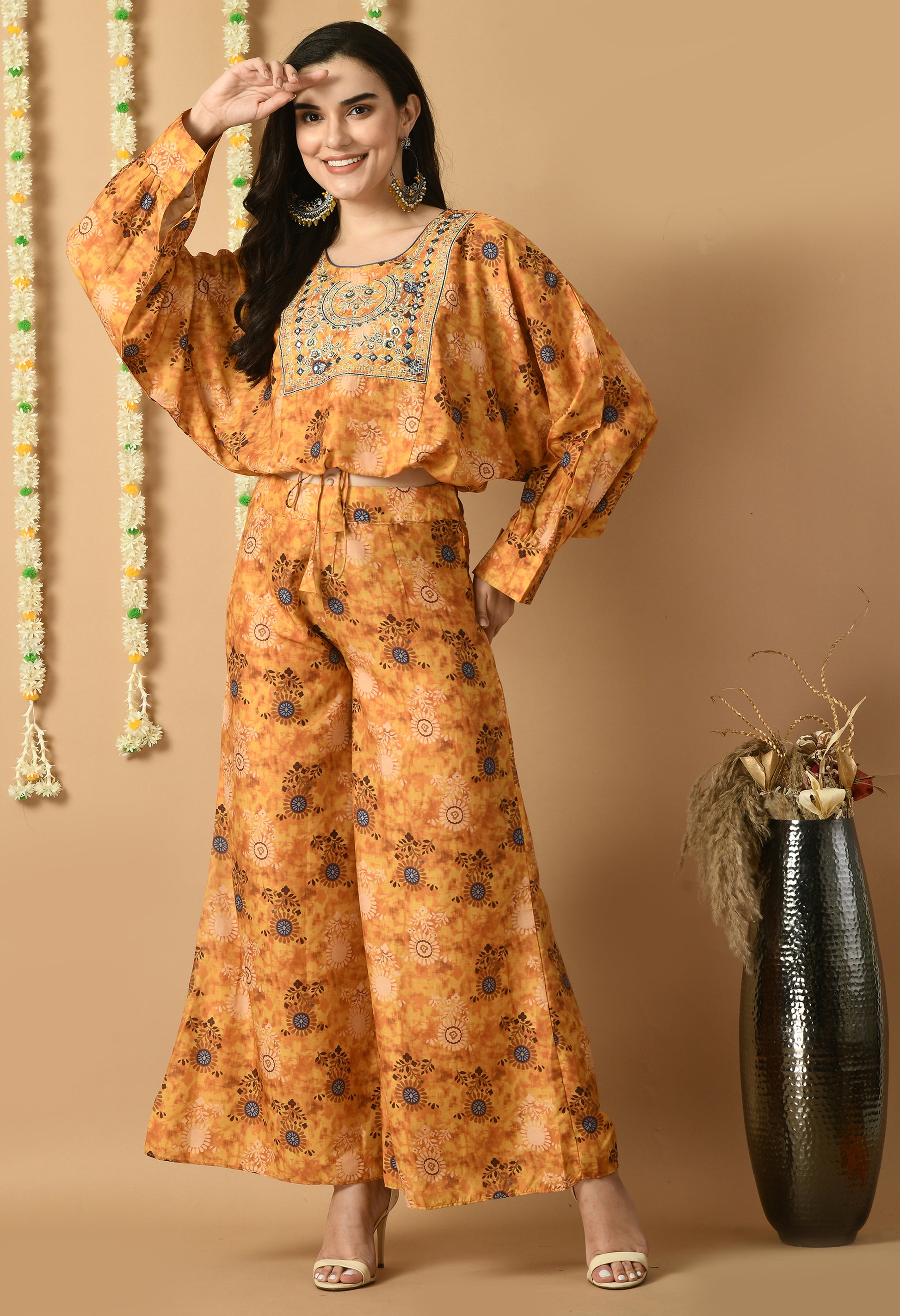 Mustard Maslin Printed Kurta Set