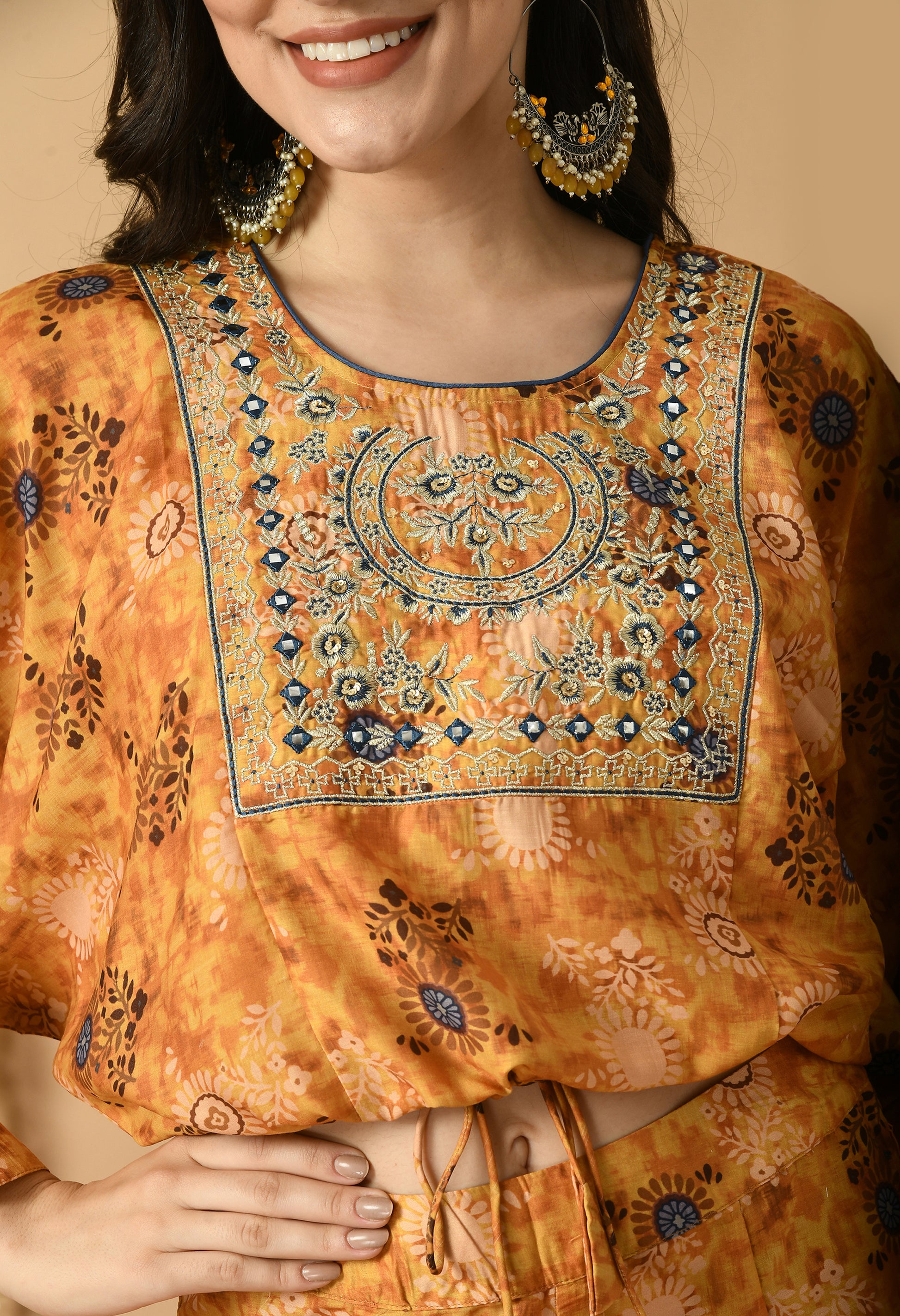 Mustard Maslin Printed Kurta Set