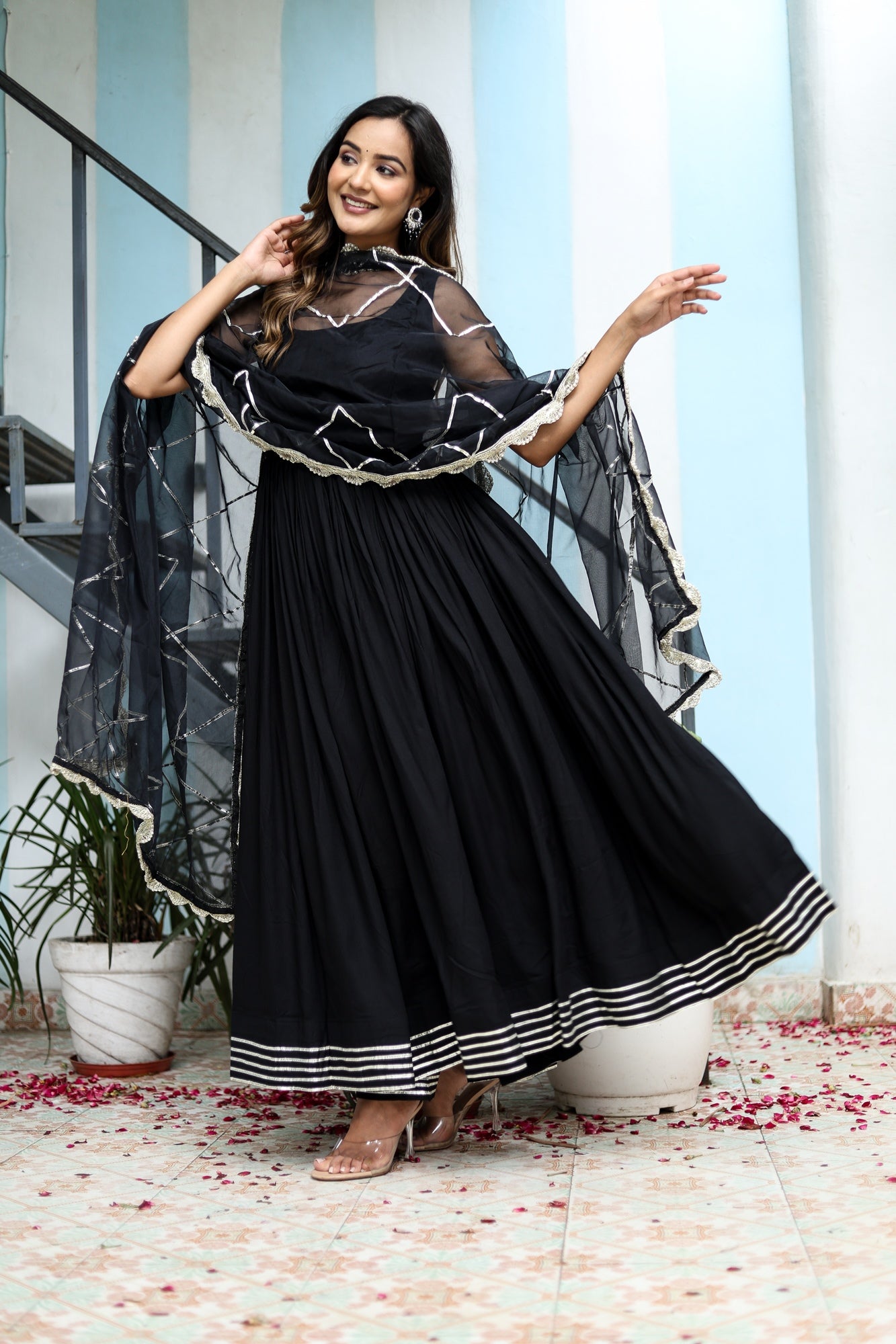 Women Black Rayon Solid & Gota Patti Work Anarkali Kurta Bottom Dupatta Set