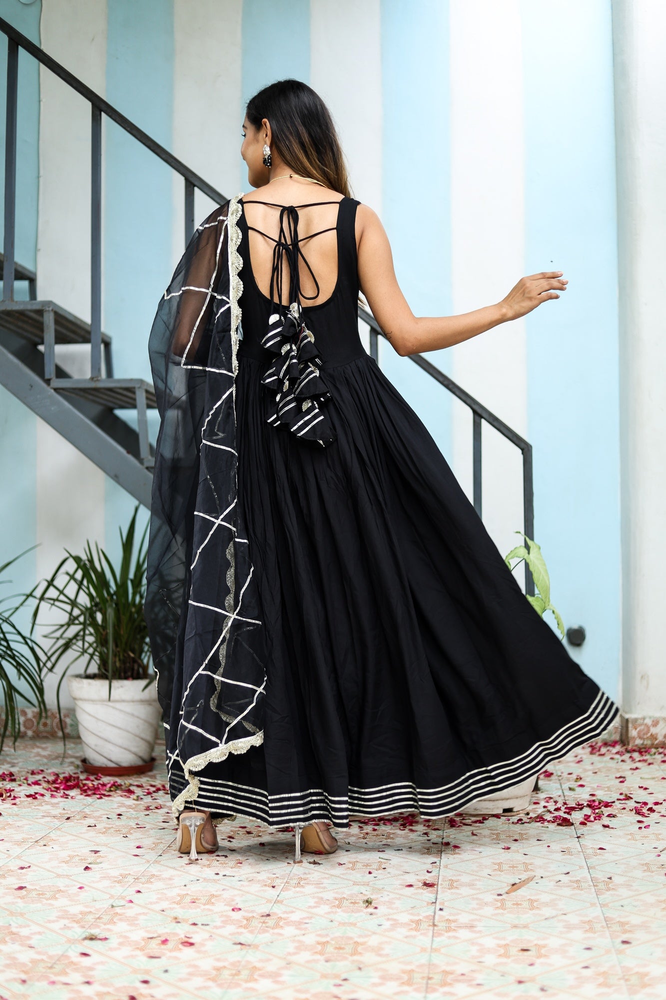 Women Black Rayon Solid & Gota Patti Work Anarkali Kurta Bottom Dupatta Set