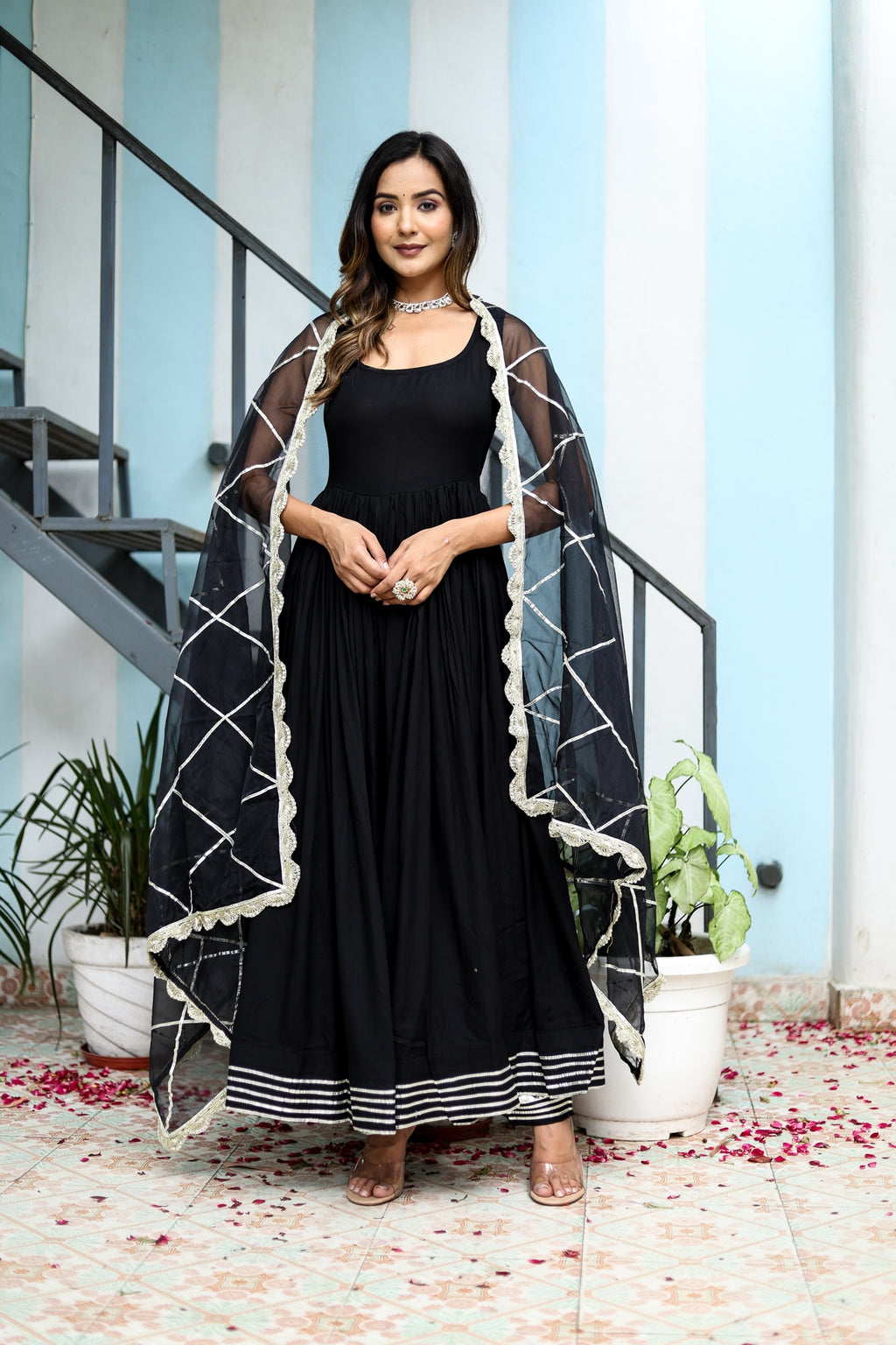 Women Black Rayon Solid & Gota Patti Work Anarkali Kurta Bottom Dupatta Set