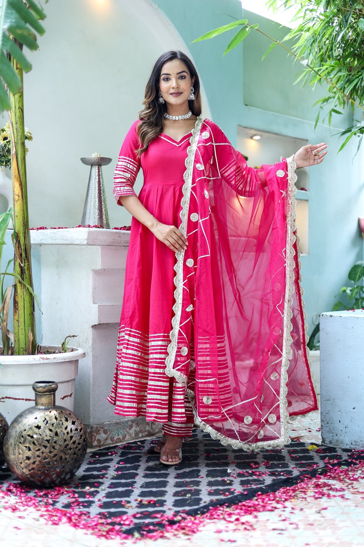 Women Pink Cotton Solid & Gota Patti Work Anarkali Kurta Bottom Dupatta Set