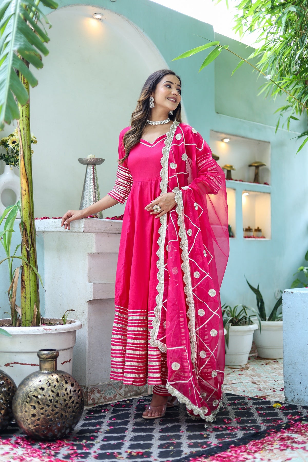 Women Pink Cotton Solid & Gota Patti Work Anarkali Kurta Bottom Dupatta Set