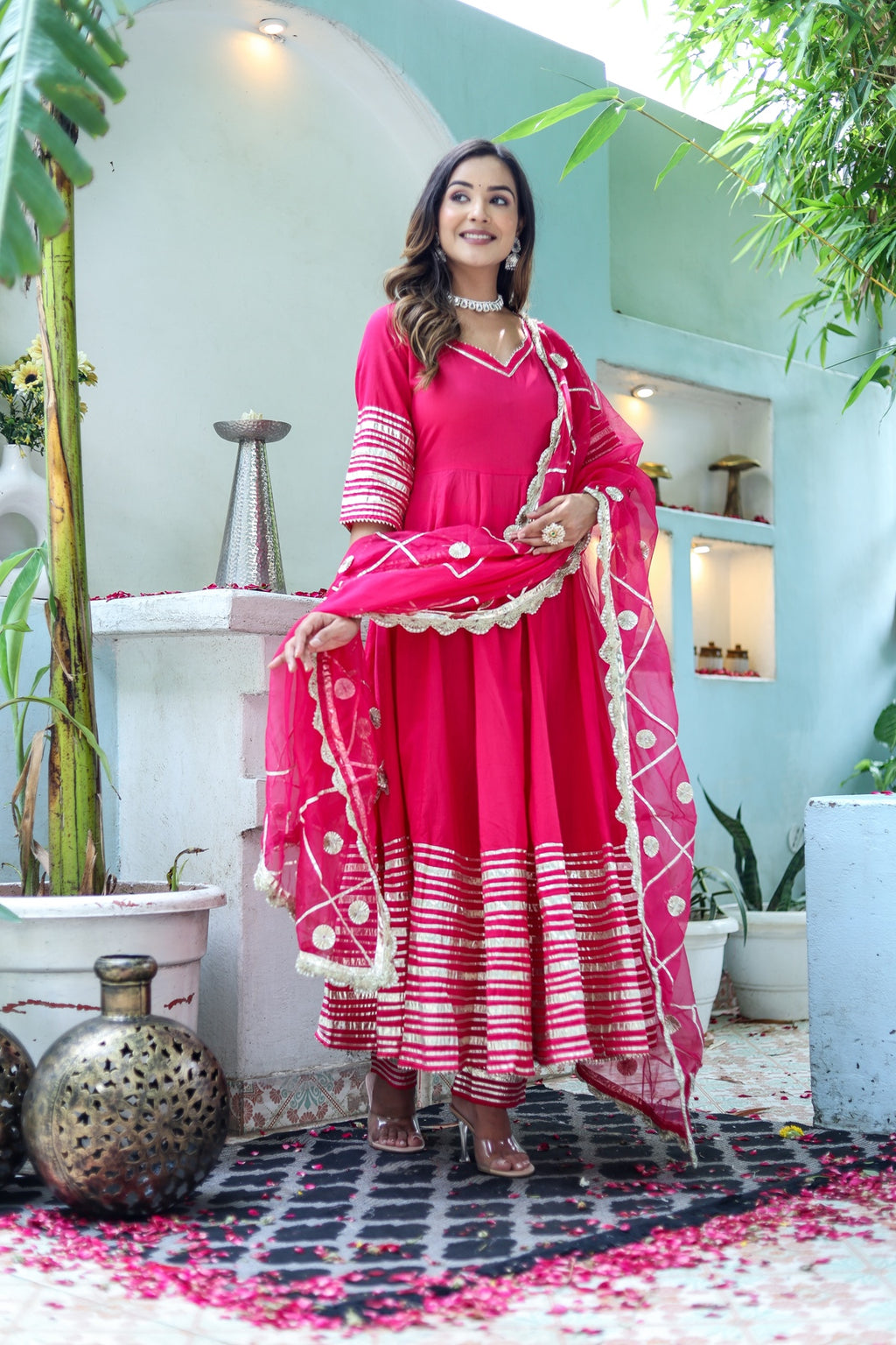 Women Pink Cotton Solid & Gota Patti Work Anarkali Kurta Bottom Dupatta Set