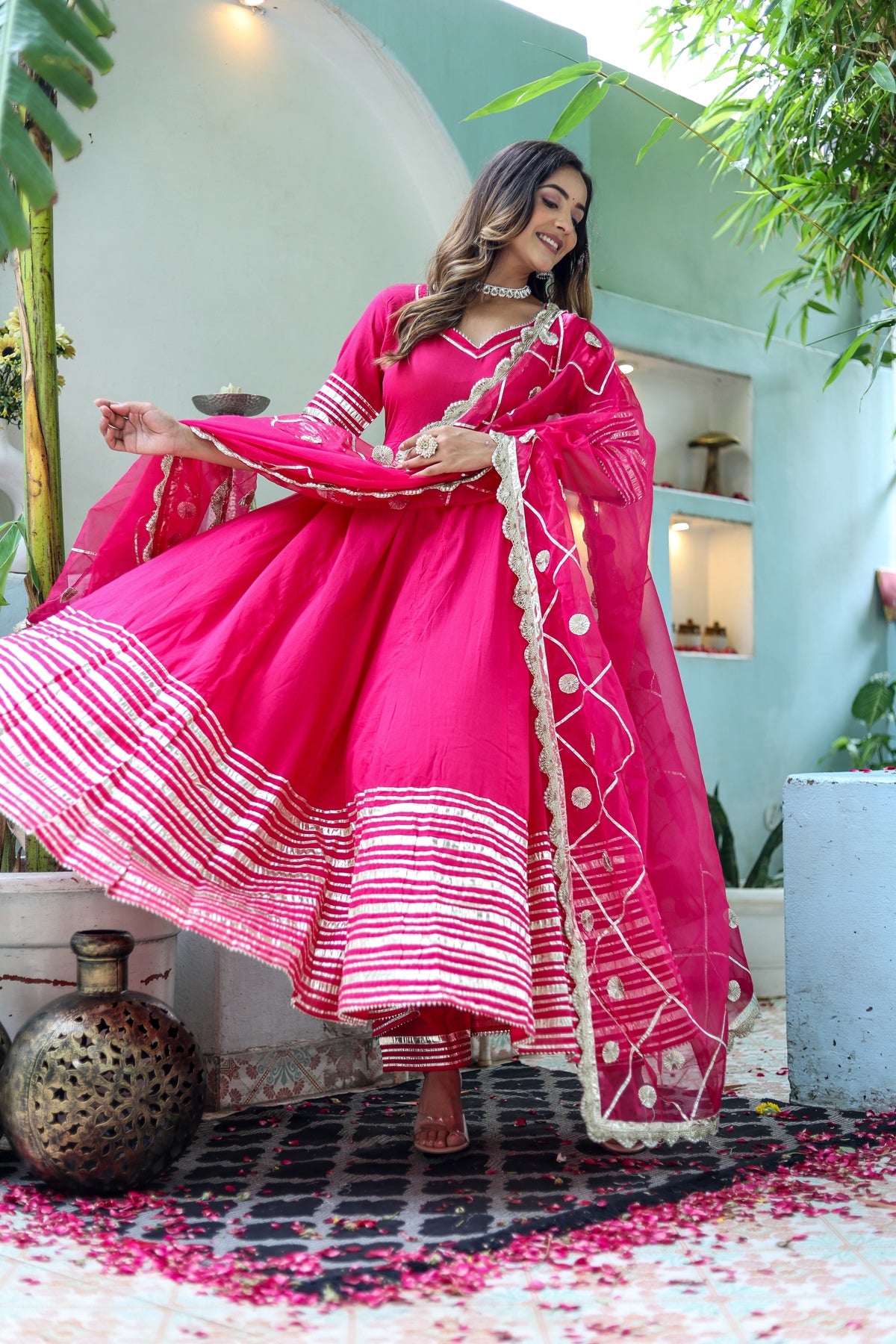 Women Pink Cotton Solid & Gota Patti Work Anarkali Kurta Bottom Dupatta Set