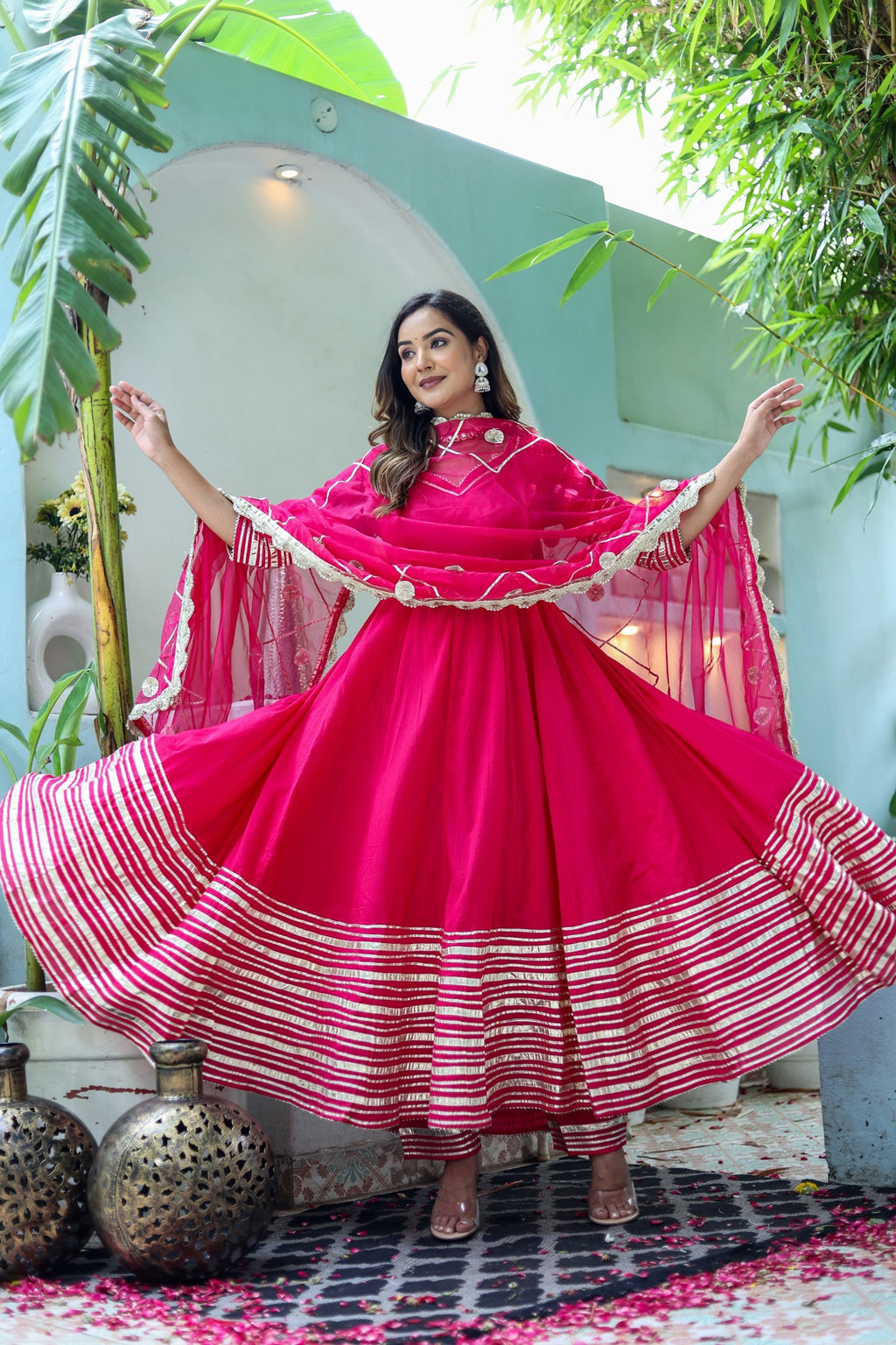 Women Pink Cotton Solid & Gota Patti Work Anarkali Kurta Bottom Dupatta Set