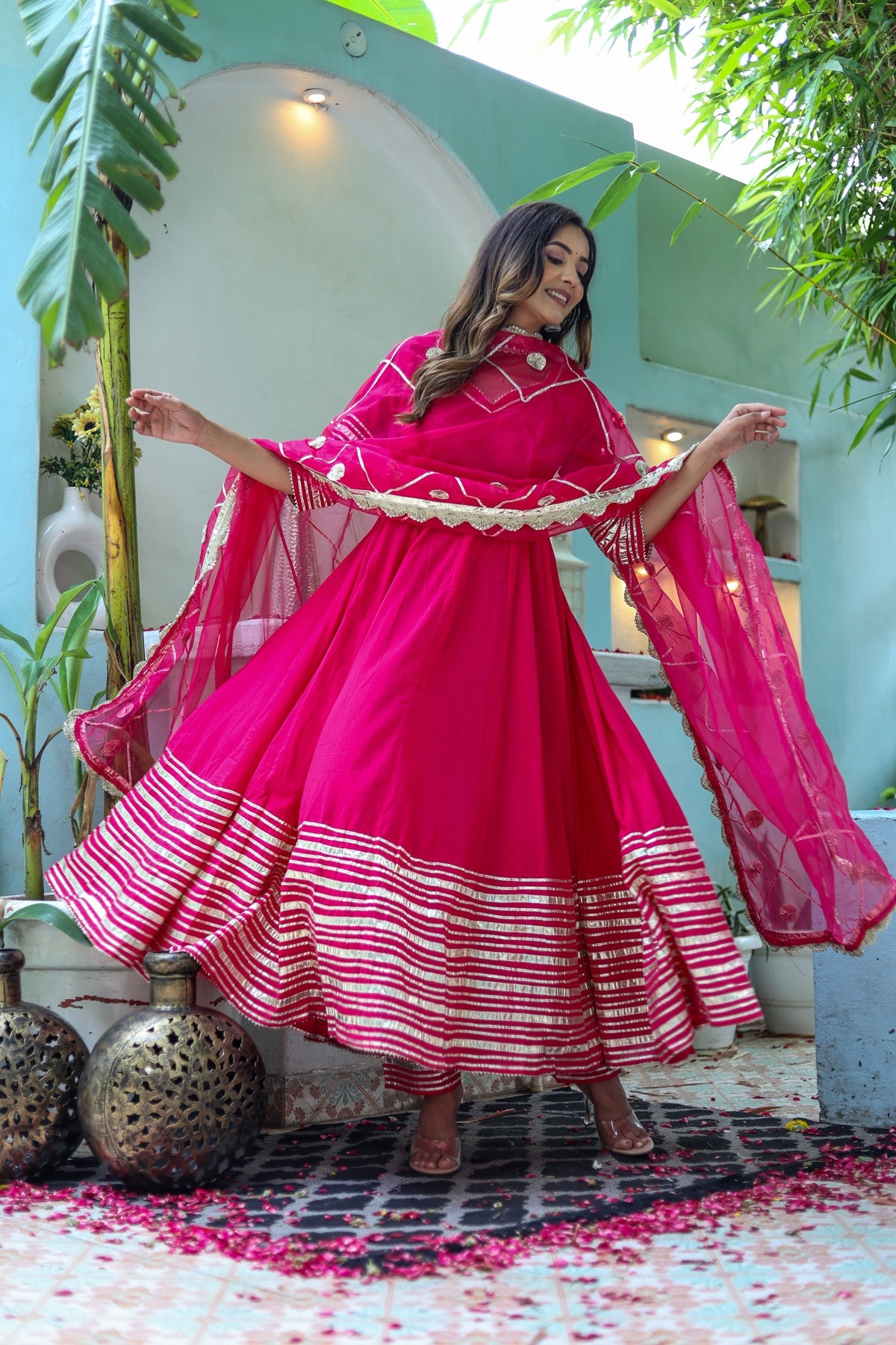 Women Pink Cotton Solid & Gota Patti Work Anarkali Kurta Bottom Dupatta Set