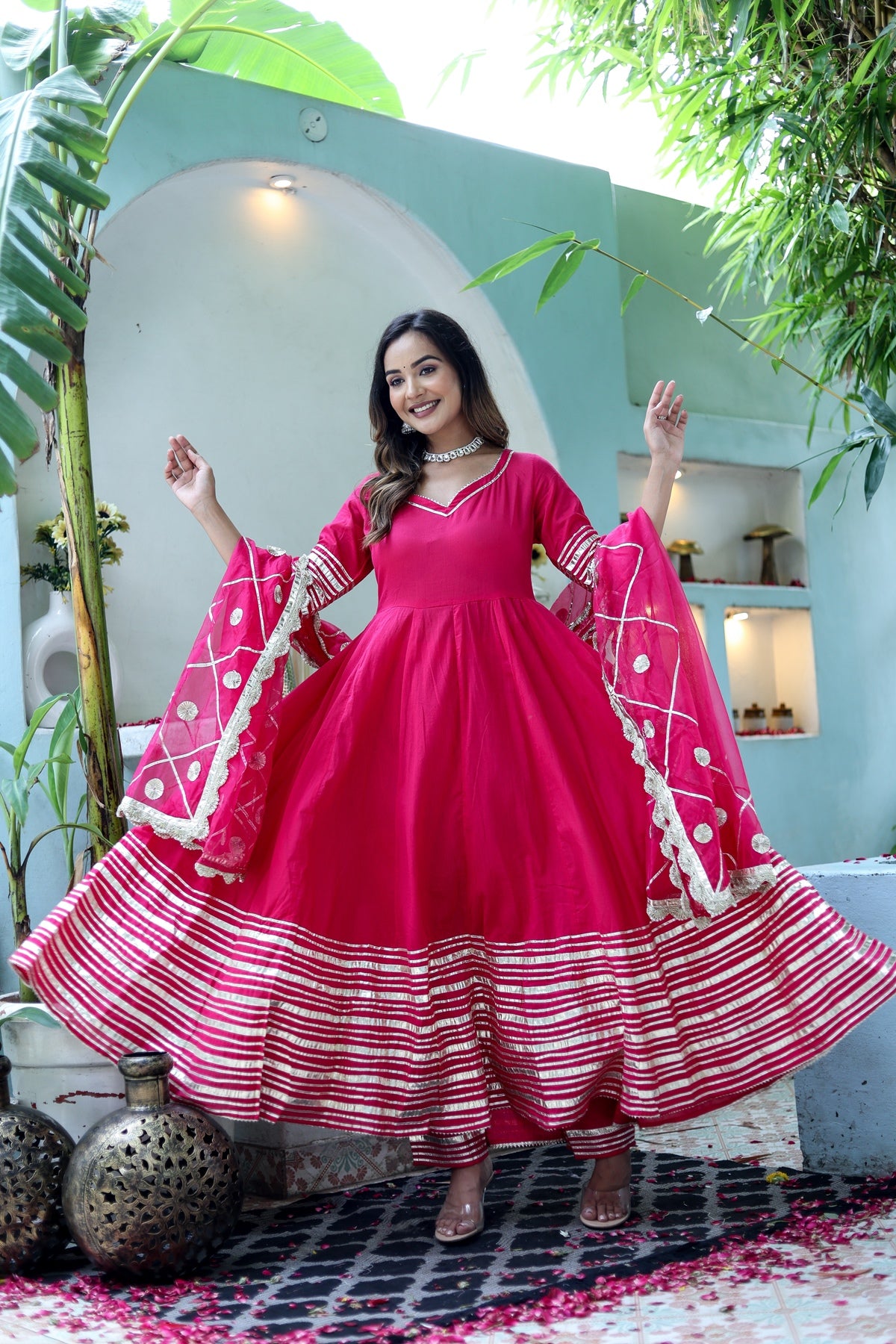 Women Pink Cotton Solid & Gota Patti Work Anarkali Kurta Bottom Dupatta Set