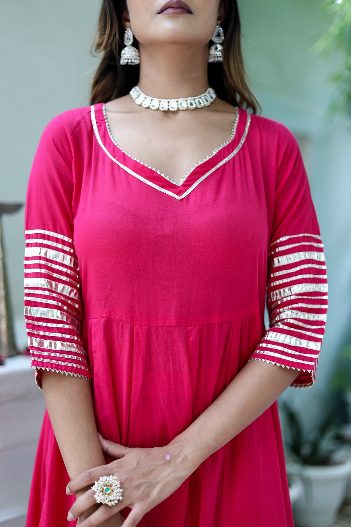 Women Pink Cotton Solid & Gota Patti Work Anarkali Kurta Bottom Dupatta Set